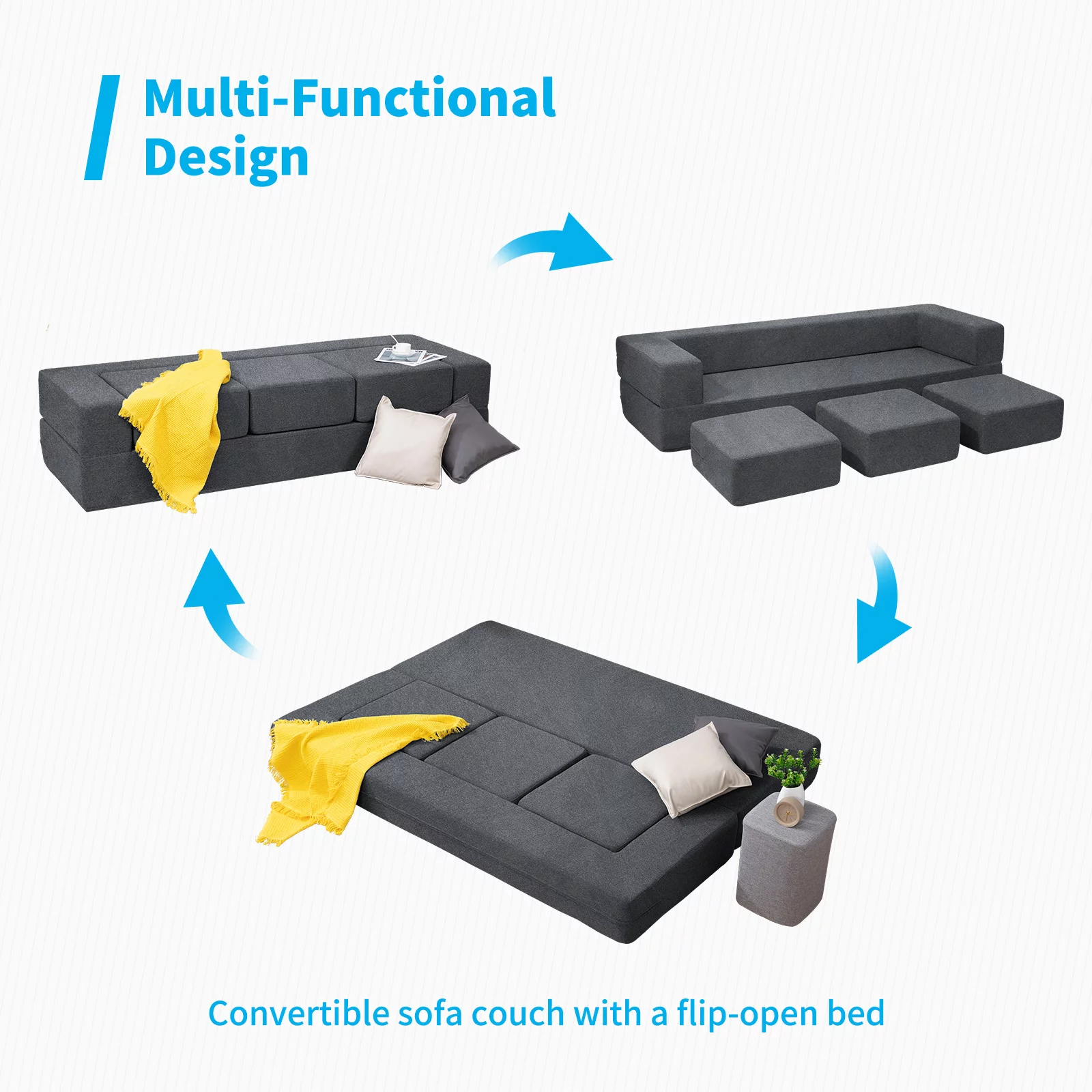BALUS Folding Bed Couch, Sleeper Foam Sofa Bed, Cushioned Foam Mattress Comfortable Sofa, Floor Couch Sleeper Sofa Foam with 3 Ottomans for Living Room/Bedroom/Guest Room/Home Office (Dark Grey)
