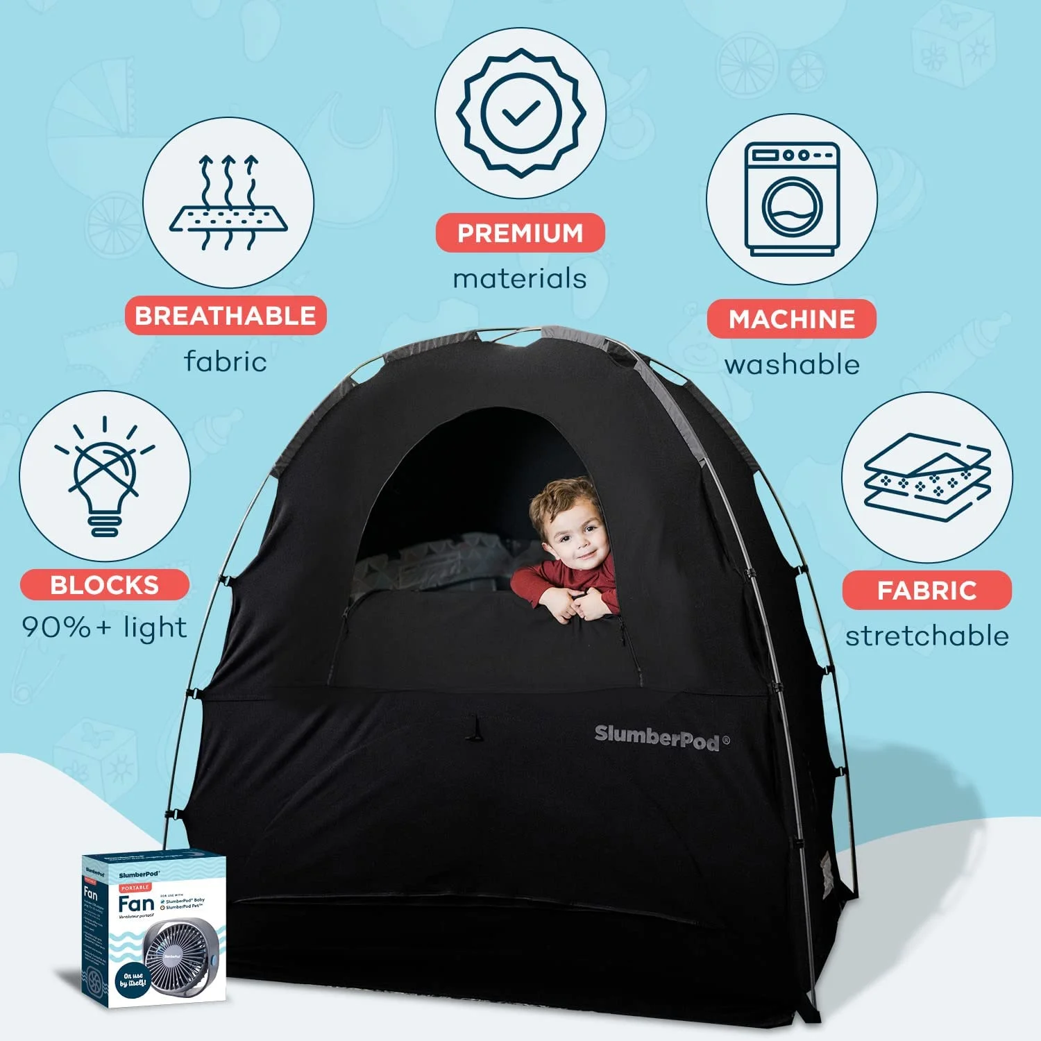 SlumberPod and Fan Combo 3.0  Portable Privacy Pod Blackout Canopy Crib Cover  Sleeping Space for Age 4 Months and Up  Pack n Play Blackout Cover  Baby Travel Crib Canopy (Black/Grey)