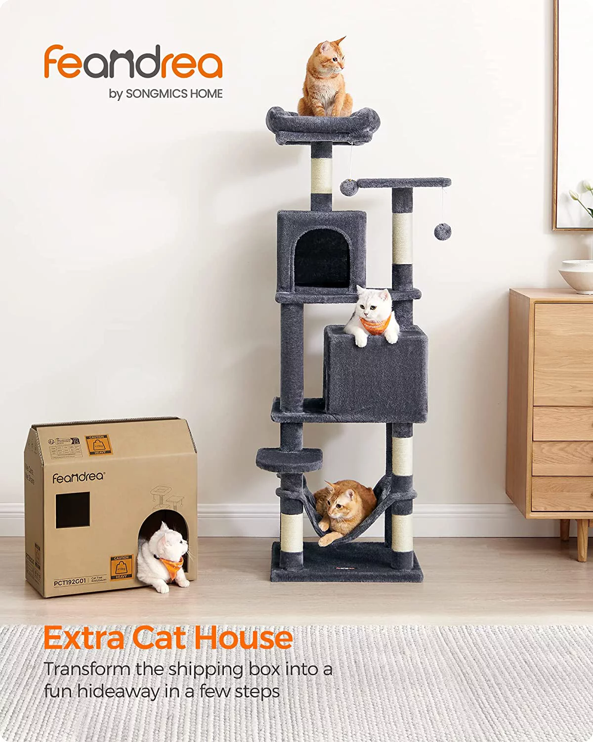 Feandrea Cat Tree, 61-Inch Cat Tower for Indoor Cats, Plush Multi-Level Cat Condo with 5 Scratching Posts, 2 Perches, 2 Caves, Hammock, 2 Pompoms, Light Gray UPCT192W01