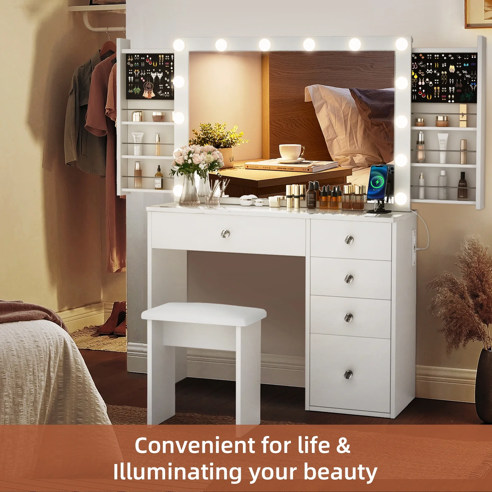 RichYa Modern Vanity Desk Makeup Table with Large LED Mirror and Power Outlet with 2 Sliding Storage White Marble