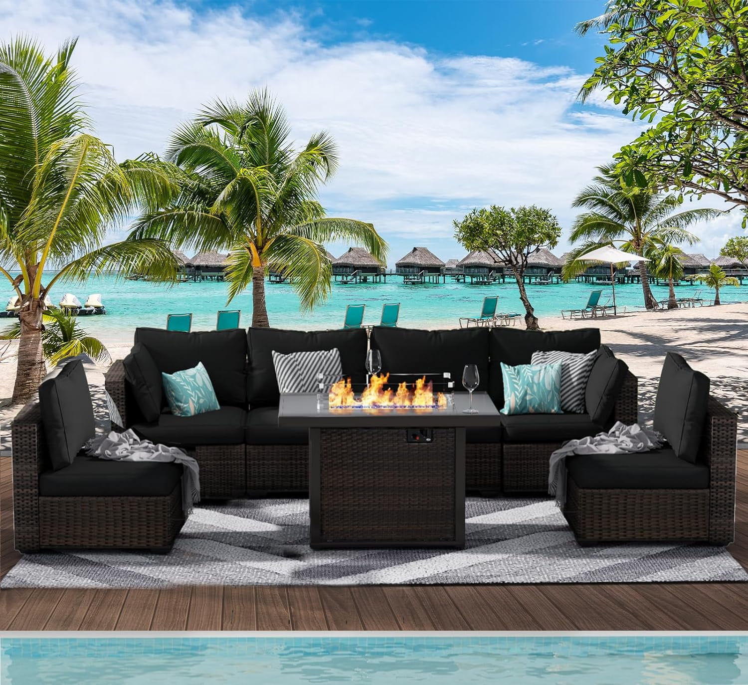 Gaildon 7 Piece Patio Furniture Set with Fire Pit Table, All Weather Outdoor Sectional PE Rattan, Patio Conversation Sets with Cushions and Glass Coffee Table for Garden Lawn Balcony Porch Deck