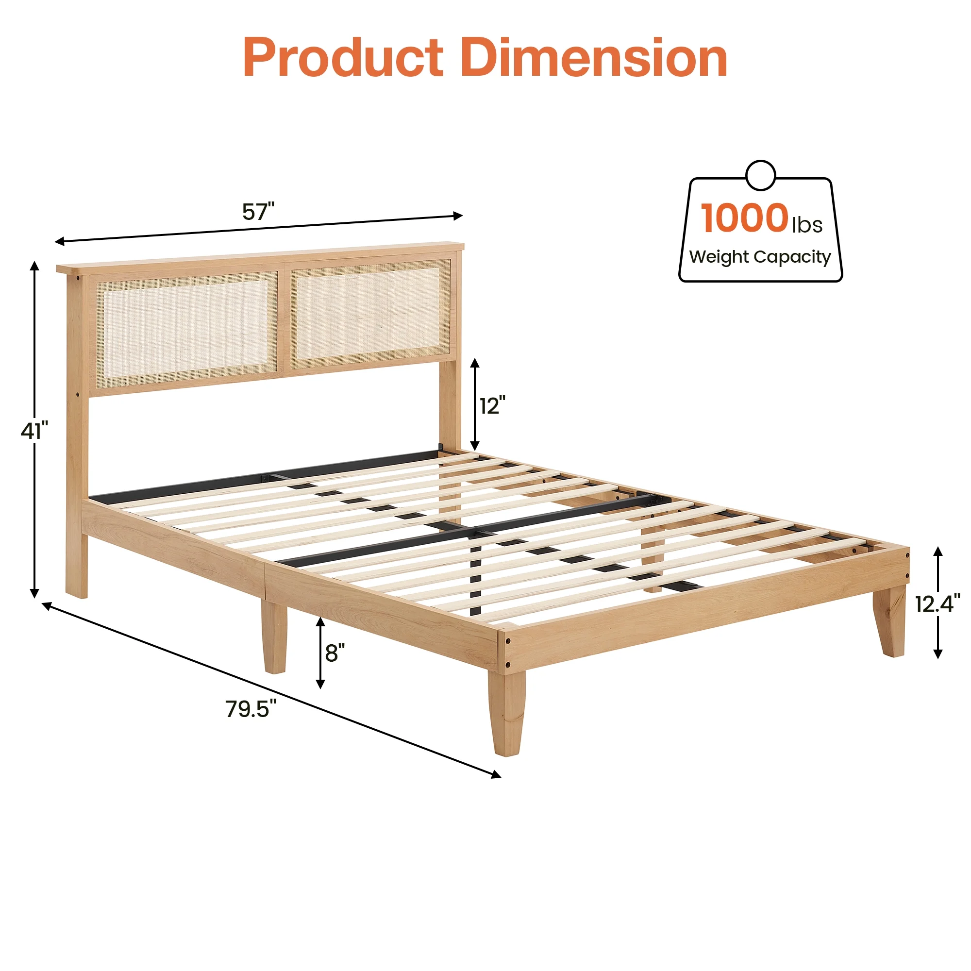 IDEALHOUSE 12.4 Inch Solid Wood Full Bed Frame with Natural Rattan Headboard, Platform Full Size Bed Frame with LED Lights, Mattress Foundation, Noise-Free, No Box Spring Needed, Easy Assembly