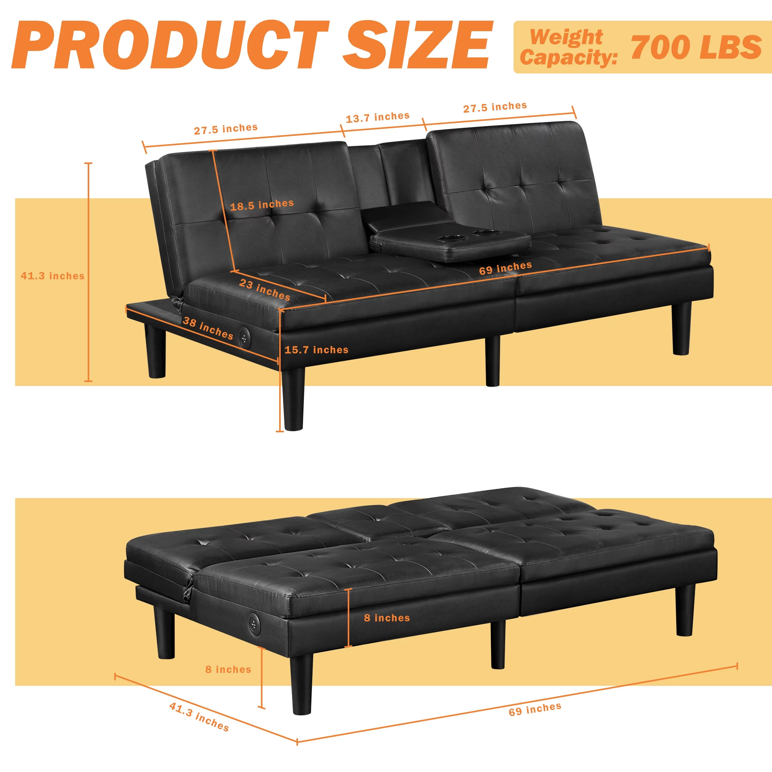 TrumanPick Memory Foam Futon, Convertible Sofa Bed with USB ports and Cupholders, Faux Leather Black