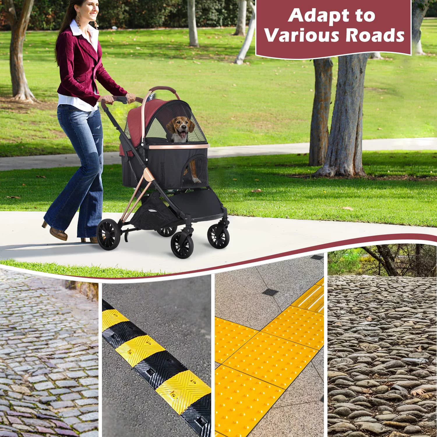 NiamVelo 3-in-1 Dog Cat Stroller for Small Medium Dogs, Premium Foldable Travel Pet Gear Stroller with Detachable Carrier 4 Wheel Wagons, Wine