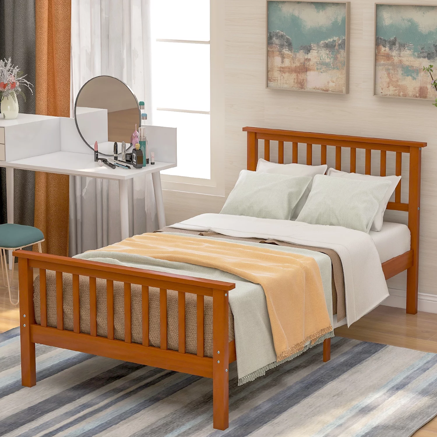 Wood Twin Size Platform Bed Frame with Headboard and Footboard for Kids Boys Girls Teens Adults, No Box Spring Need, Easy Assembly, Oak