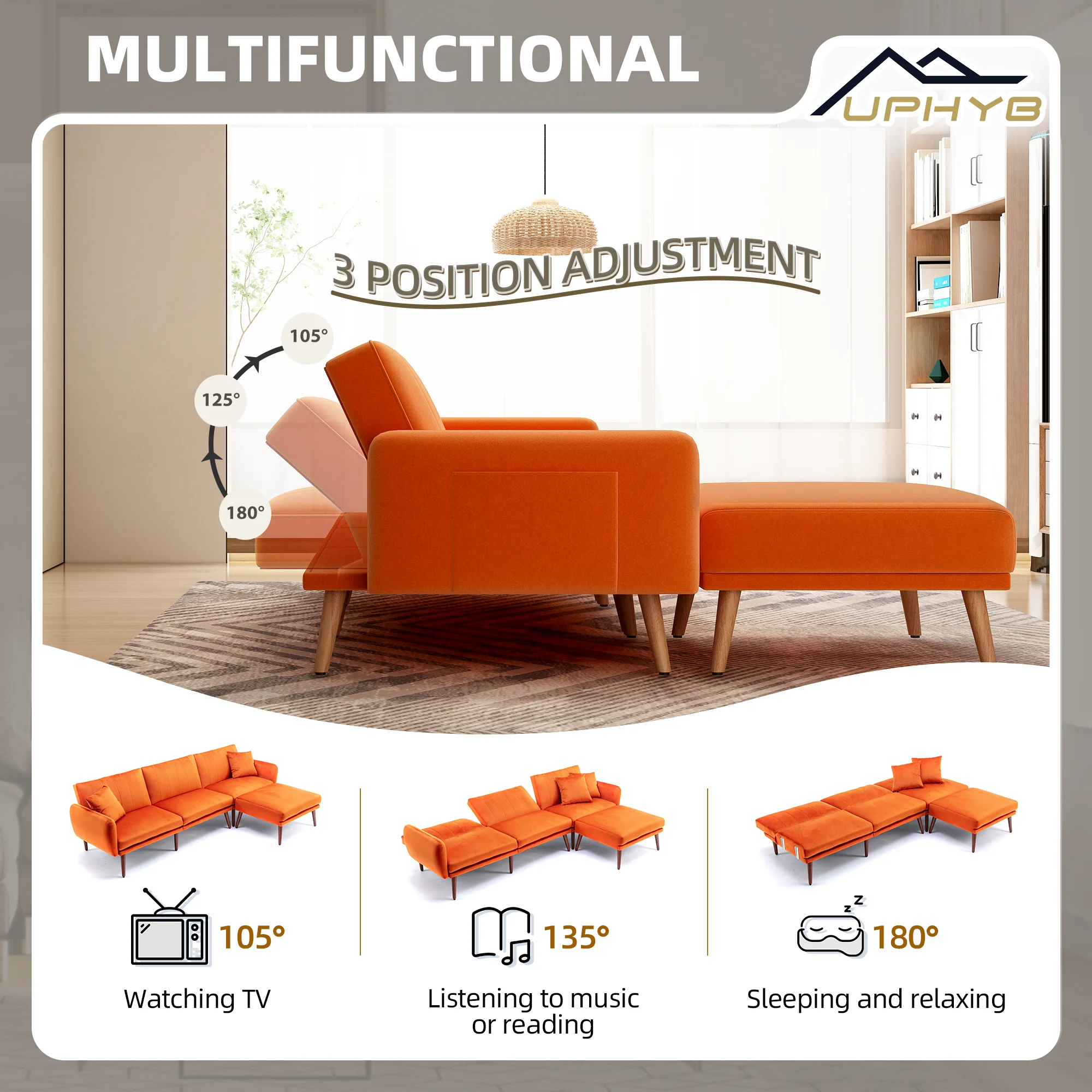 JOMEED L-Shaped Velvet Sectional Sofa Couch, Modern Convertible Sleeper Sofa Bed with Adjustable Backrest, 2 Pillows and Ottoman, Modular Sofa Couch for Living Room and Apartment