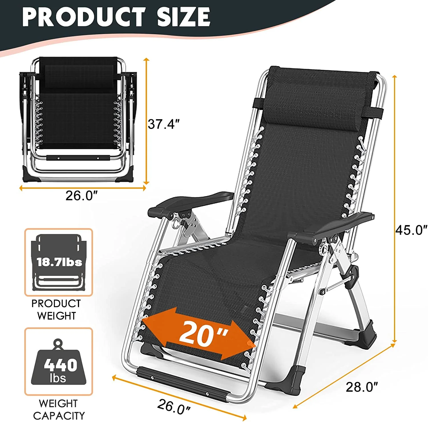 Slsy Zero Gravity Chair with with 2 Sided Cushion & Headrest, Lawn Recliner, Reclining Patio Lounger Chair, Folding Portable Chaise with Cup Holder