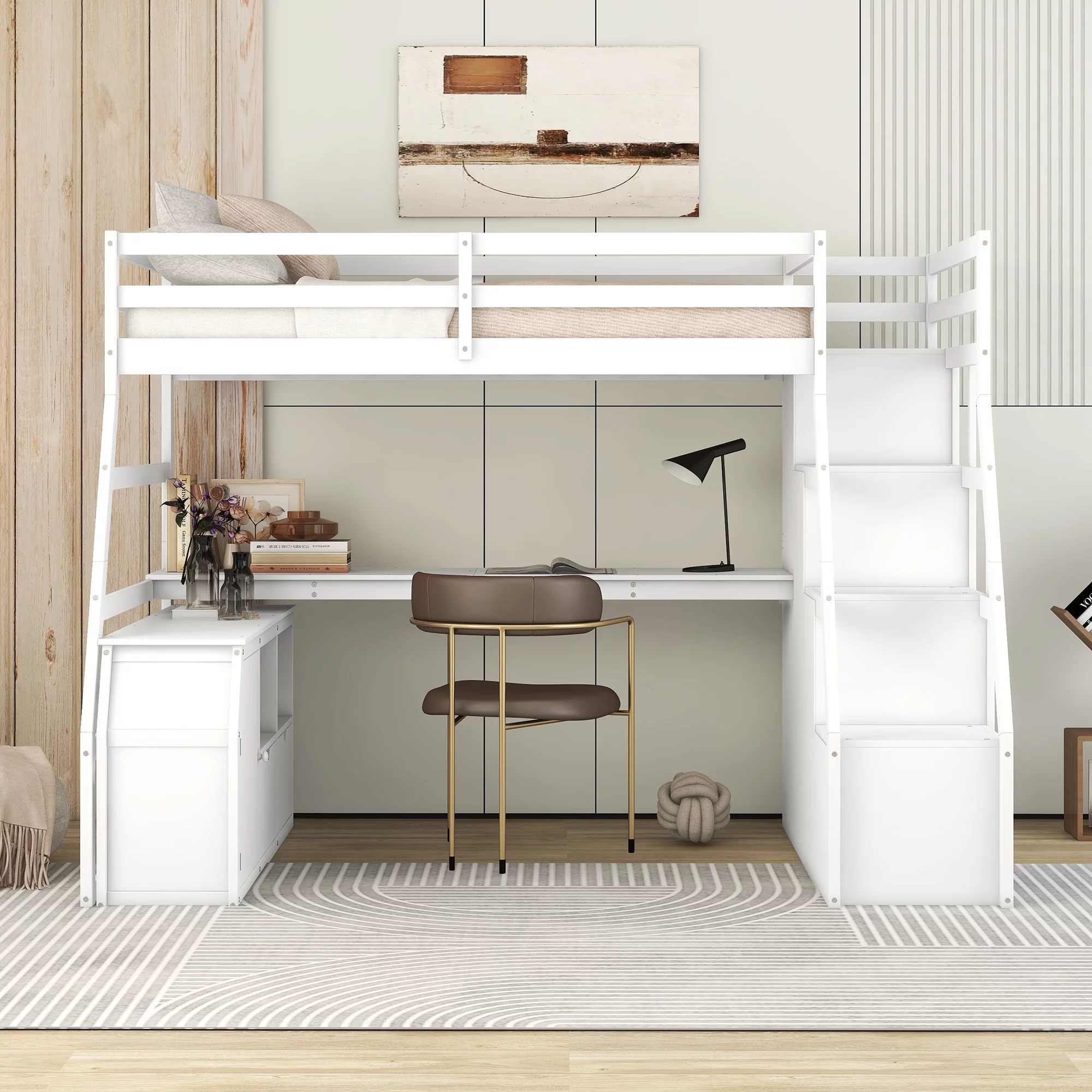 Twin Size Loft Bed Frame with 7 Drawers 2 Shelves and Desk, Health and Comfort Storage Shelves and Writing Desk, Wooden Loft Beds with Stairway, High Loft Bed for Kids Boys (White,Twin)