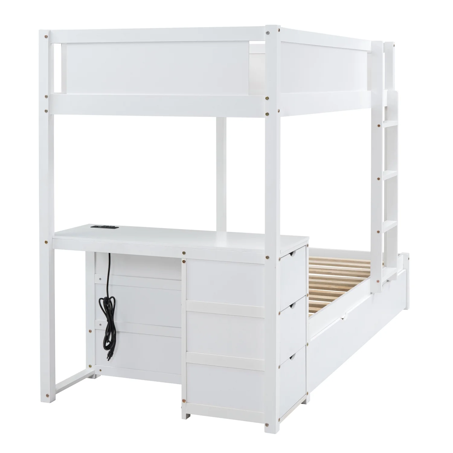 Churanty Twin Over Twin Bunk Bed with Trundle and Desk, Solid Wood Bunk Bed Frame with Storage Drawers and shelves for Kids Girls Boys Bedroom,White