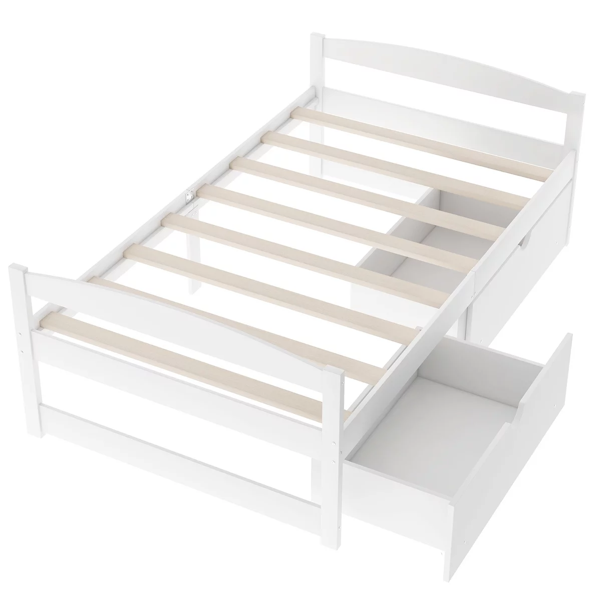 Wood Bed Frame Twin Size with 2 Drawers Platform Bed w/Headboard & Footboard Solid Wood Slat Support, No Box Spring Needed, Panel Bed Mattress Foundation