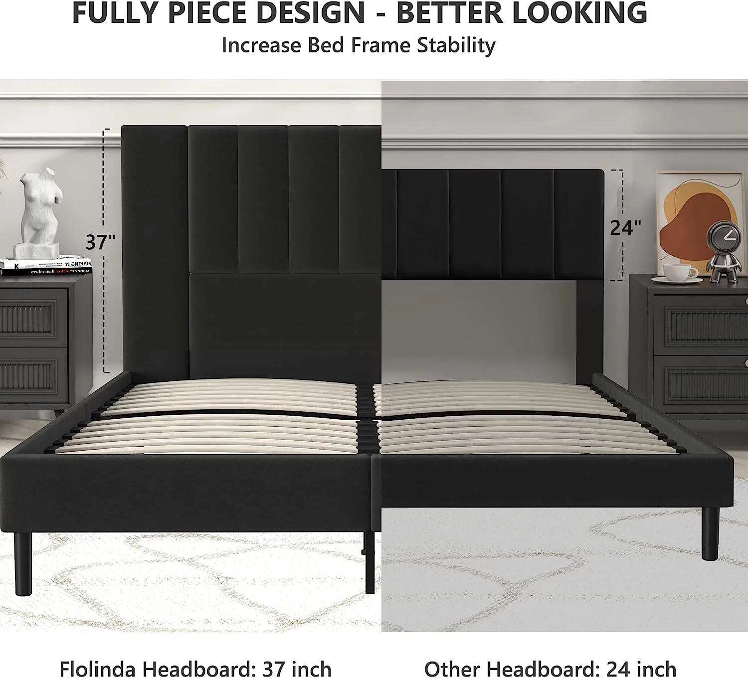 Flolinda Queen Bed Frame Upholstered Bed Frame with Vertical Channel Tufted Complete High Headboard, Black