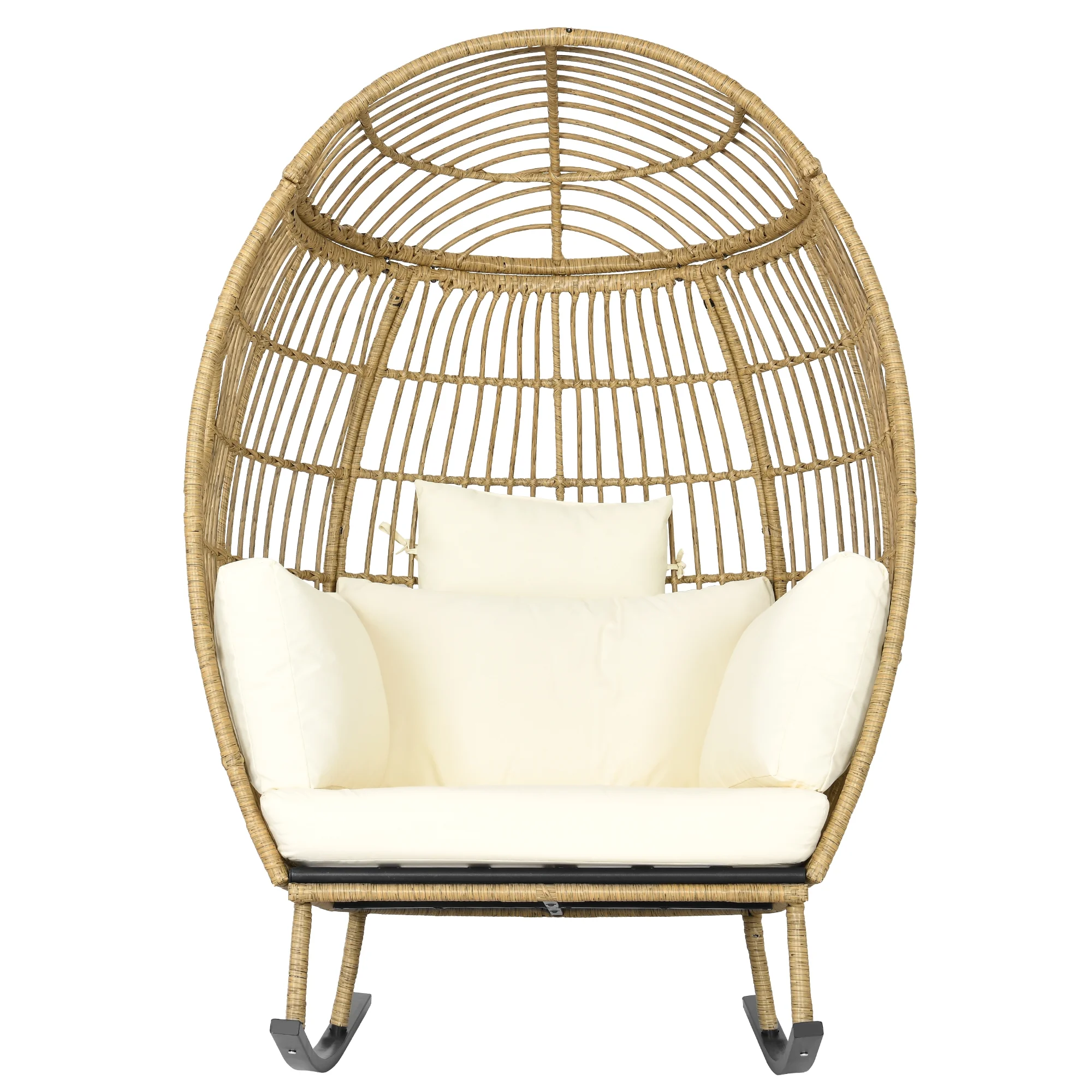 Dextrus Indoor Outdoor Rocking Egg Chair, Wicker Patio Rocking Basket Chair with 385lbs Capacity, All-Weather Oversized Egg Lounger Chair - Beige