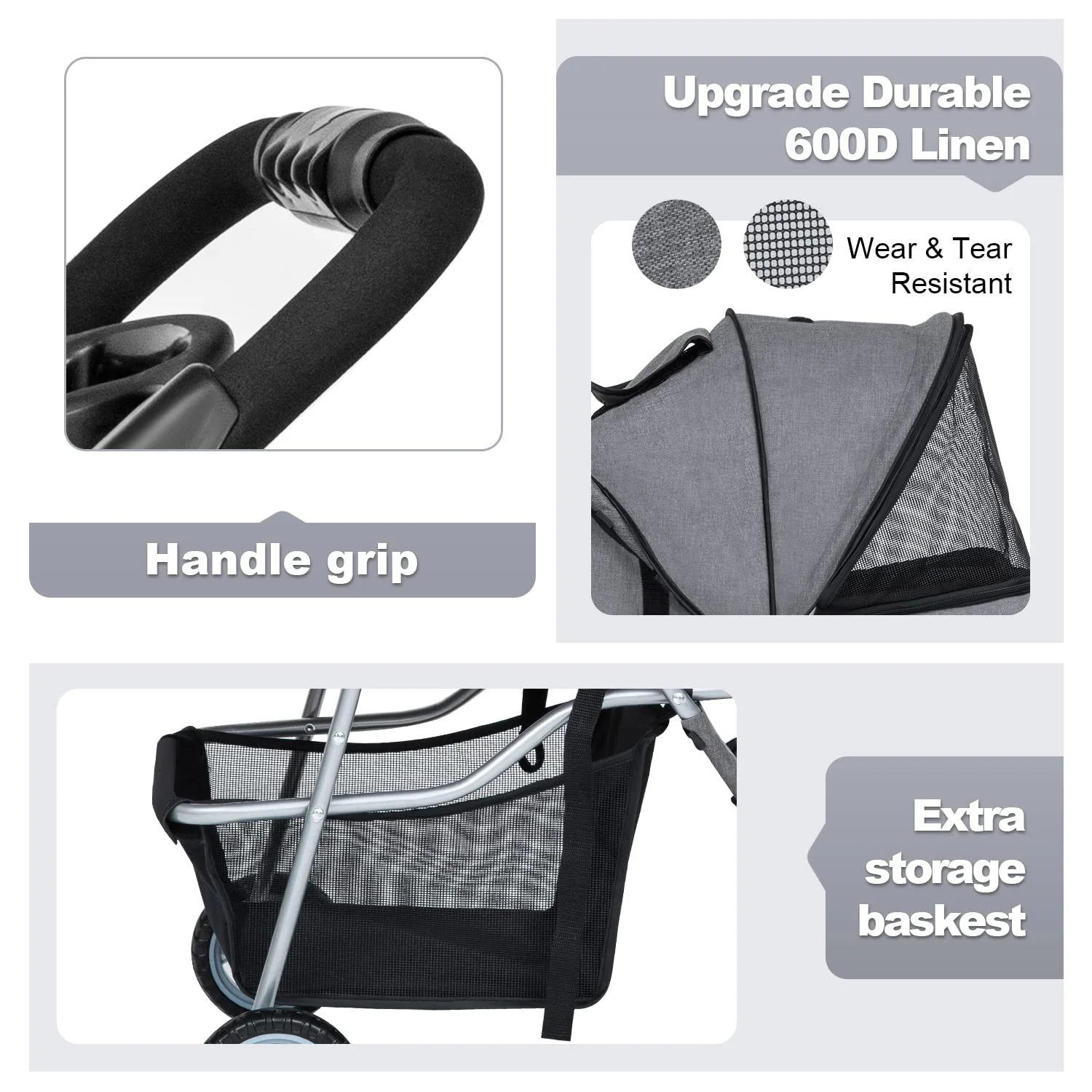 BestPet Pet Stroller Dog Cat Jogger Stroller Folding with Cup Holder (Grey, 3 Wheels)