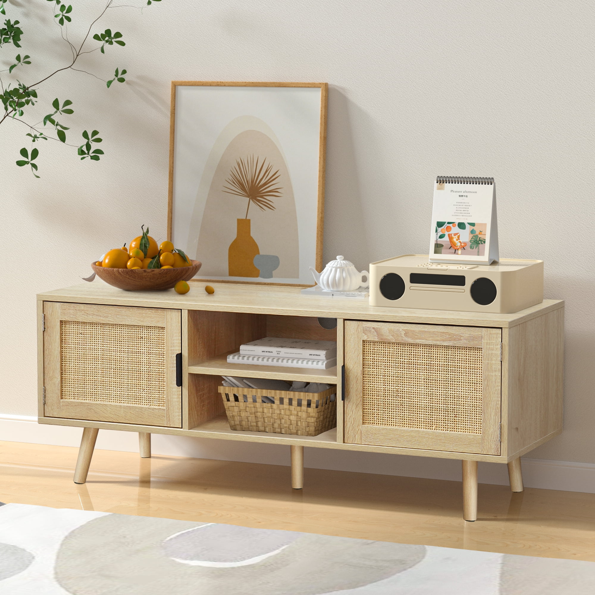 Eumyviv Farmhouse TV Stands for 55 Inch TV,Wood Media Entertainment Center Cabinet Console Table with 2 Rattan Doors, Natural Oak, H0015