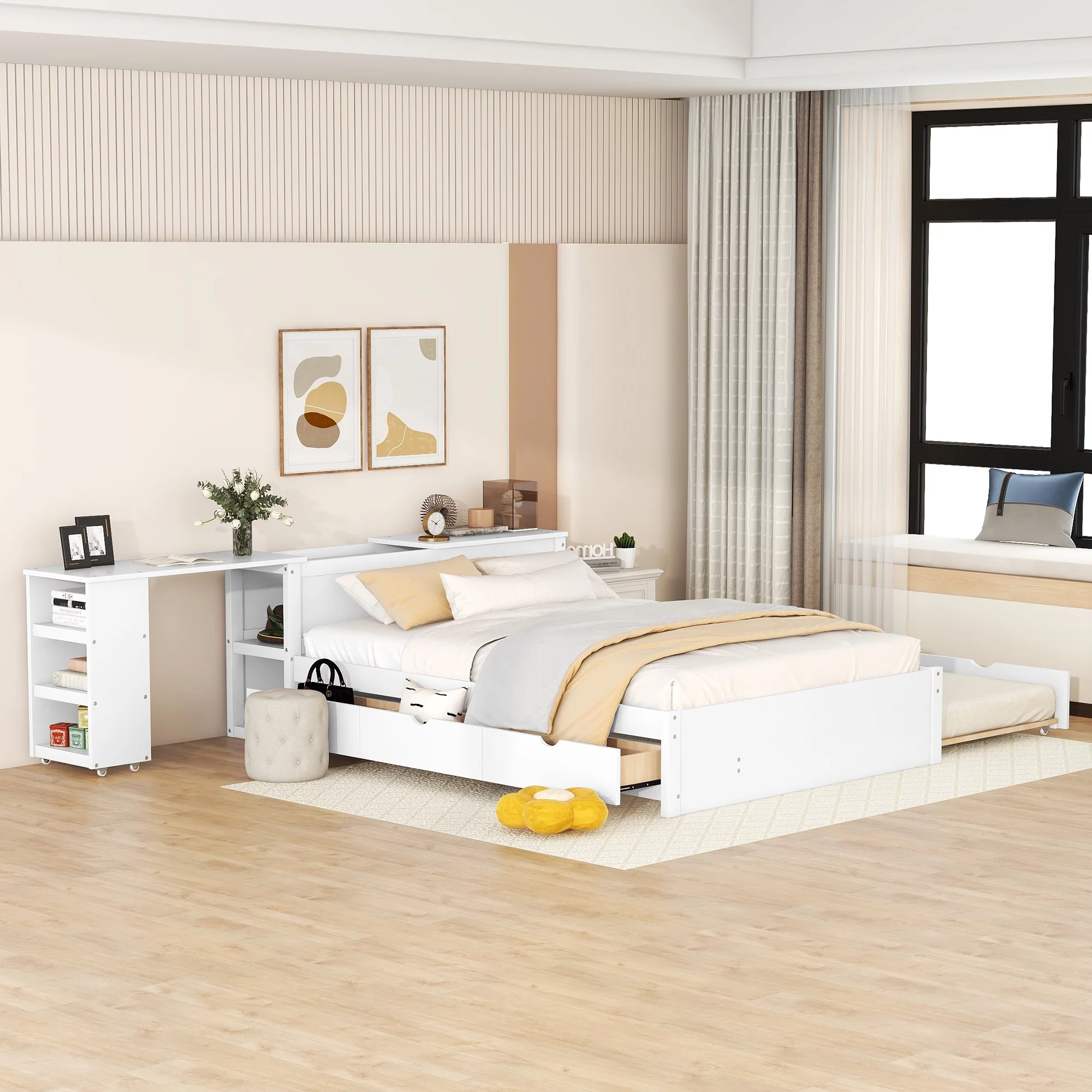 Churanty Full Size Platform Bed Frame with Rolling Desk and Storage Headboard Modern Wood Bed Frame with Trundle and Drawers,White