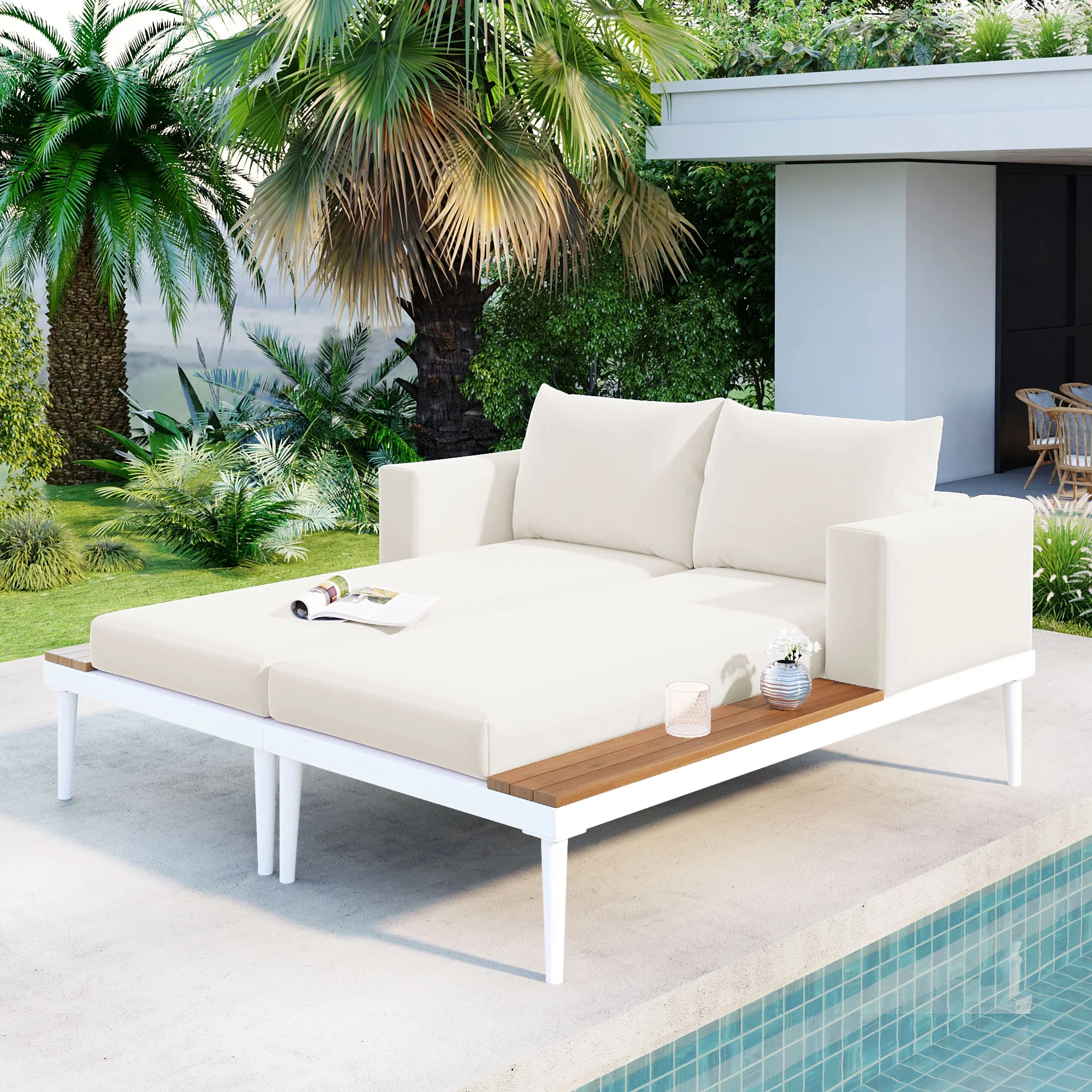 Highsound 2 in 1 Outdoor Daybed, Modern Stylish Patio Metal Daybed with Wood Topped Side Spaces for Drinks, Padded Chaise Lounges for Poolside, Balcony, Deck, Beige
