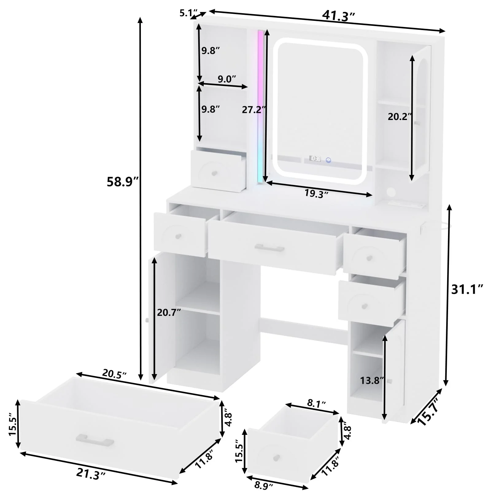 VEANERWOOD White Vanity Desk with Mirror and Lights, Makeup Vanity with RGB Lights and Power Strip, Makeup Desk Vanity Table with 5 Drawers Lots Storage & Time Display,41.3in(L)