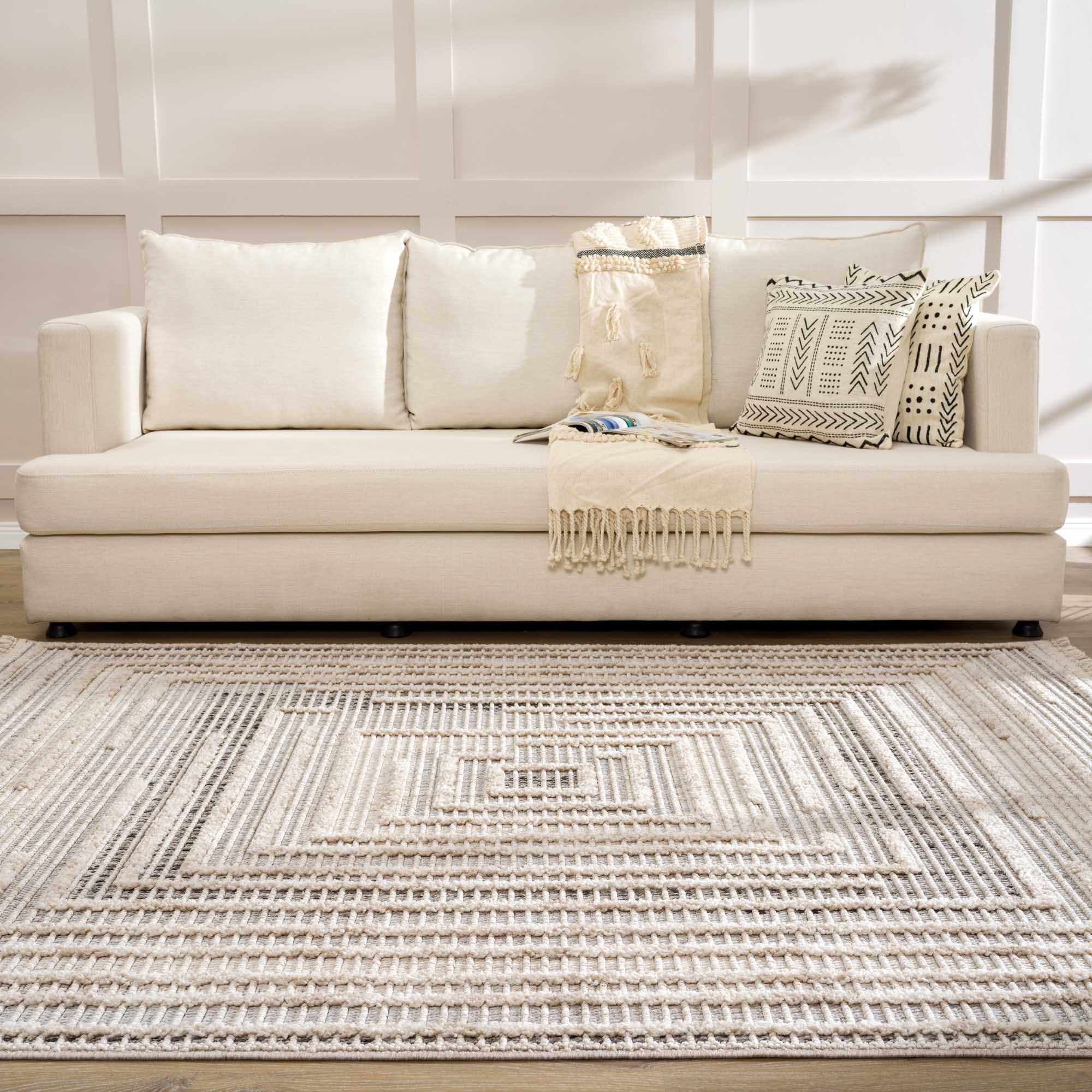Hauteloom Lunao Farmhouse Living Room Bedroom Moroccan Square Pattern Abstract Area Rug - Soft Shaggy High Low Carpet - High Pile - Bohemian, Boho - Gray, Brown, Beige, Cream - 7'10