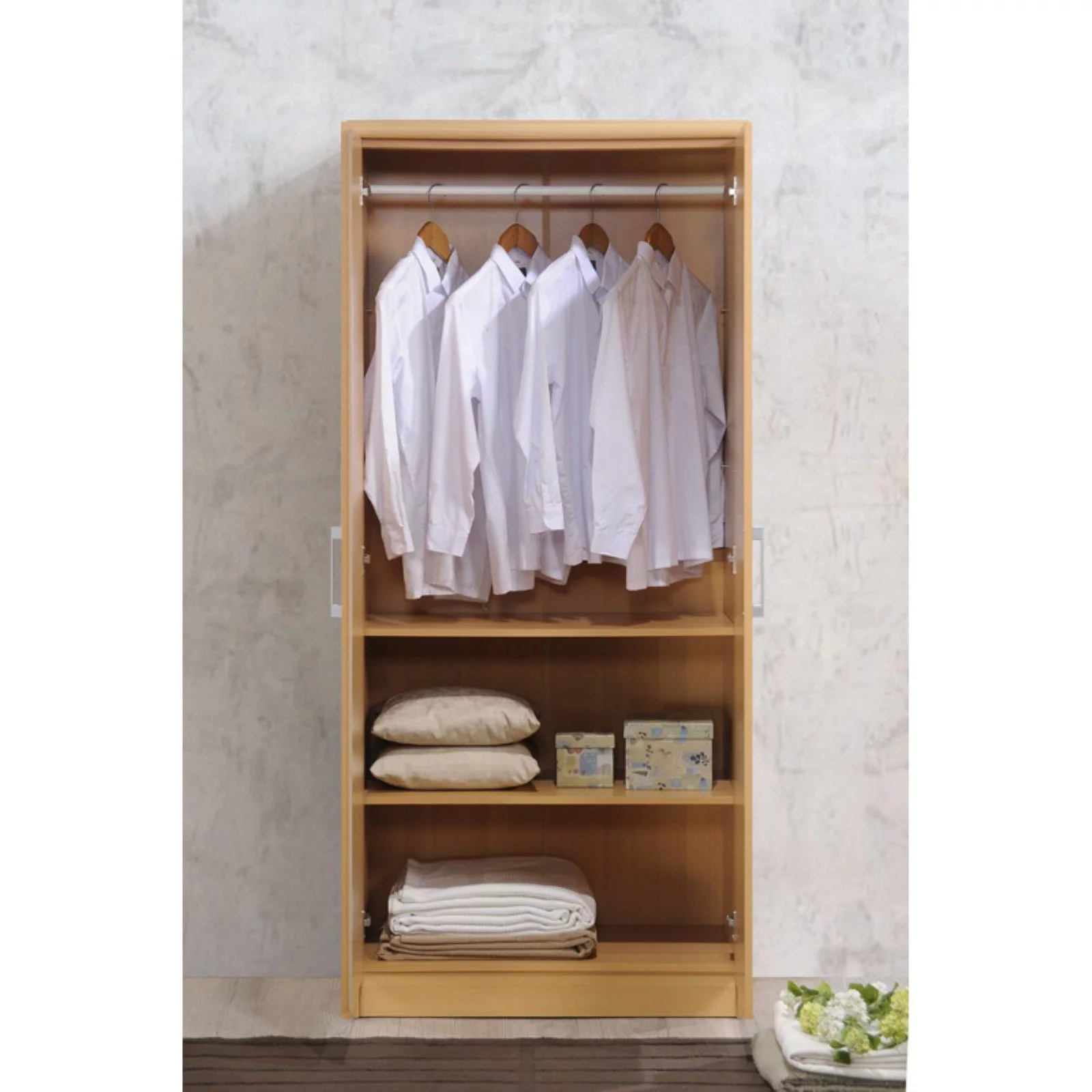 Hodedah 2 Door Wooded Armoire with 4 Shelves in Beige Finish