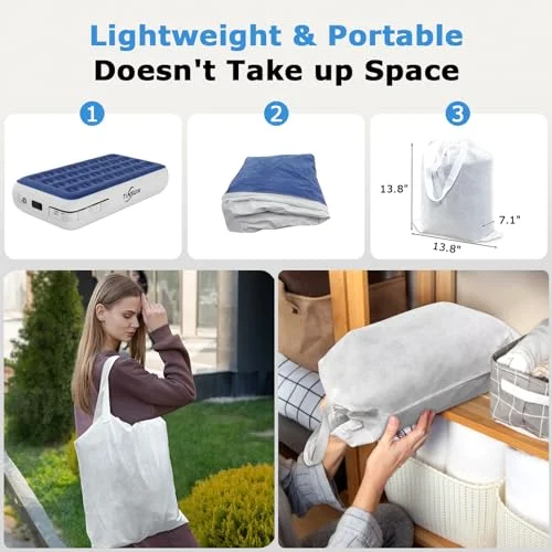 TINSUN Queen Air Mattress With Built In Pump 13 Inch High Queen Air Mattress 1-3 Minutes Fast Self Inflating Air Mattress 1 Button Start Inflate/Deflate For All Indoor And Outdoor Places Blue & White