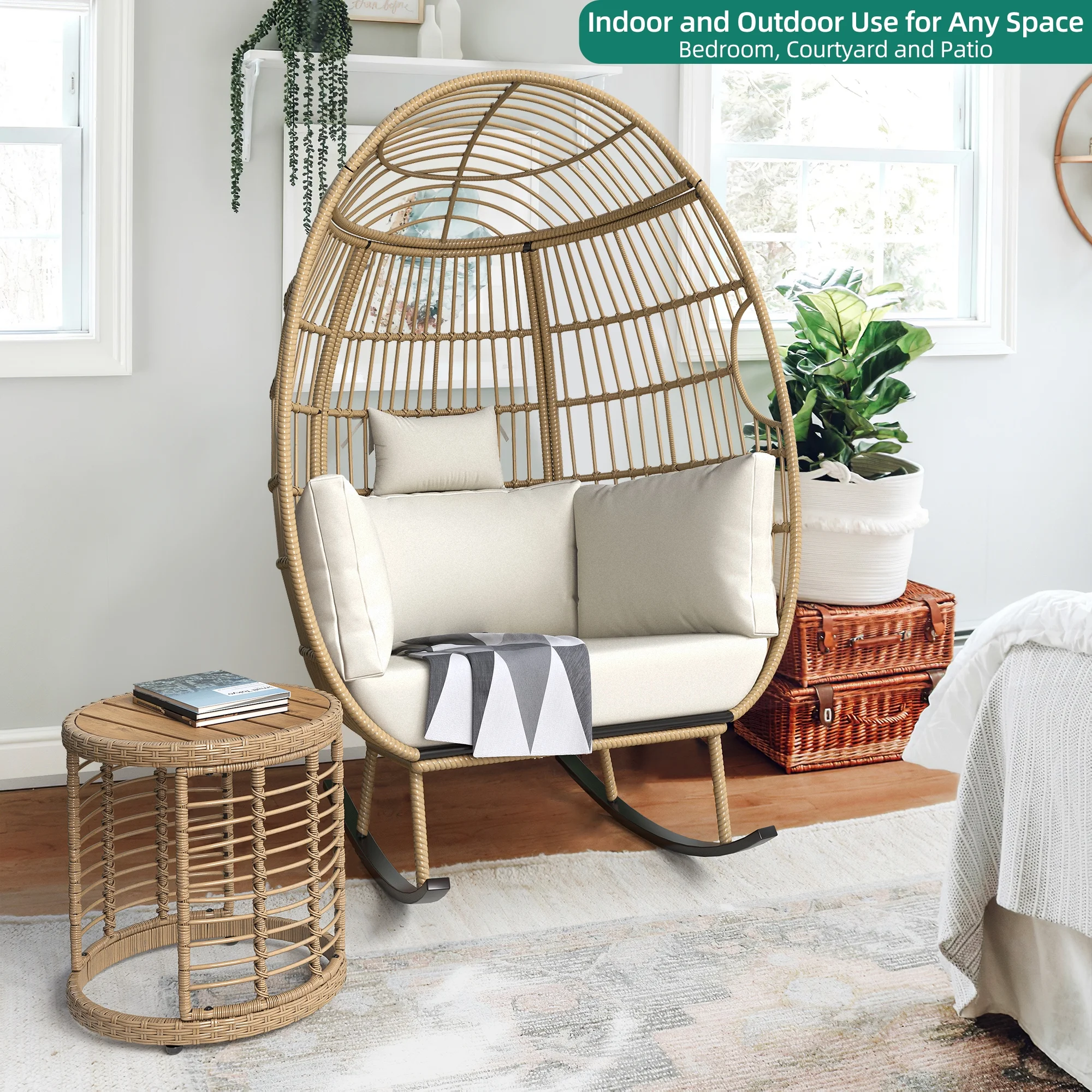 Dextrus Indoor Outdoor Rocking Egg Chair, Wicker Patio Rocking Basket Chair with 385lbs Capacity, All-Weather Oversized Egg Lounger Chair - Beige