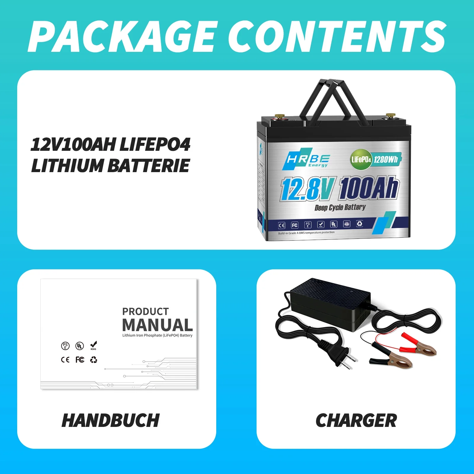 12V 100Ah LiFePO4 Battery, 15000+ Deep Cycle 4S4P 100A BMS, HRBEENERGY Lithium RV Batteries for Home Marine Camper Golf Cart