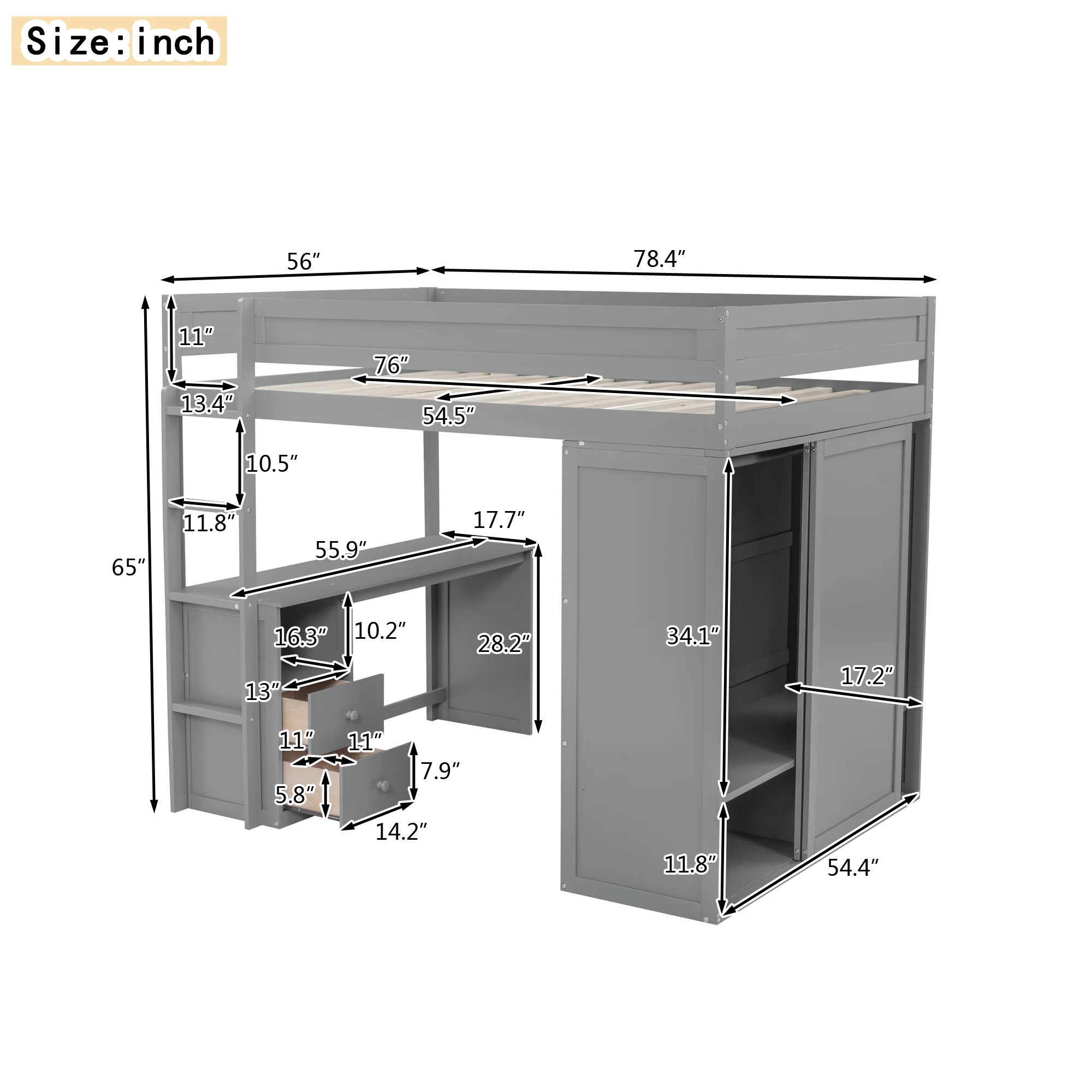 EUROCO Wood Full Size Loft Bed, Storage Desk and Drawers, Wardrobe with Clothes Hanger and Sliding Door for Living Room, Gray