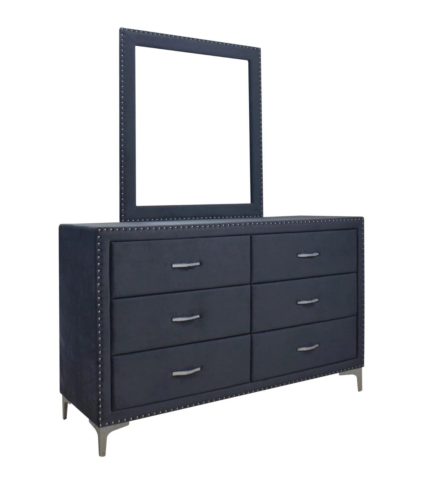 Modern Glamourous 6pc Queen Size Bed Dresser Mirror Nightstands Chest Bedroom Set Dark Gray Velvet Upholstery Furniture