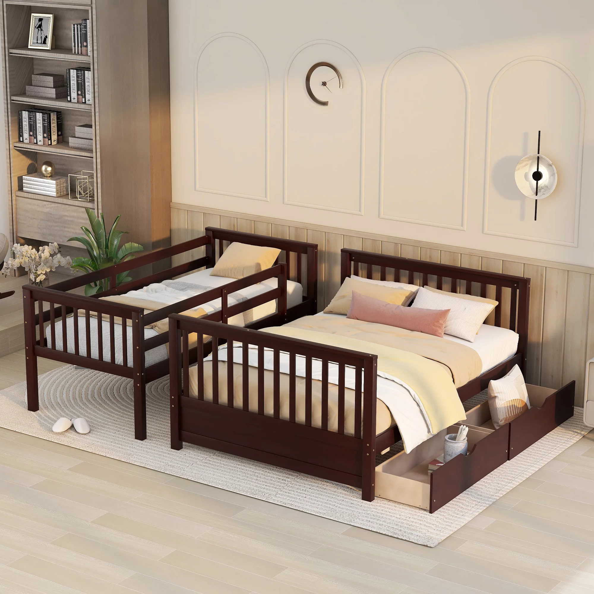 Twin Over Full Bunk Bed with Storage Drawer, Solid Wood Bunk Bed Frame with Ladders & Safety Guardrail, Bedroom Furniture for Kids, Teens, Adults, Espresso
