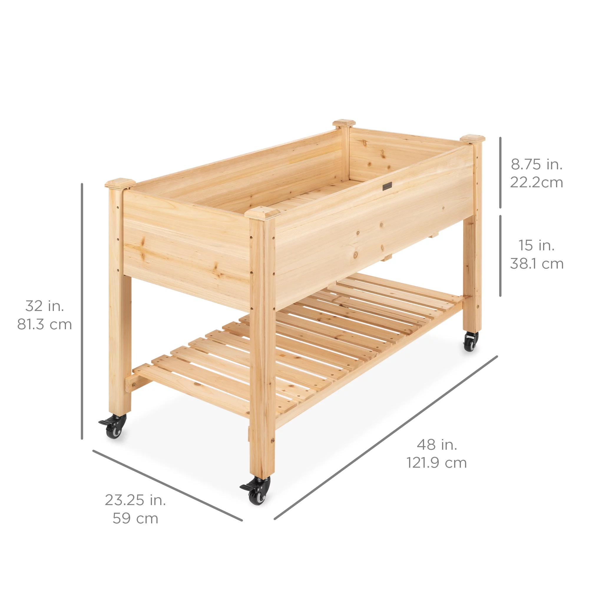 Best Choice Products Raised Garden Bed 48x24x32in Wood Mobile Elevated Planter w/ Wheel Locks, Shelf, Liner - Natural