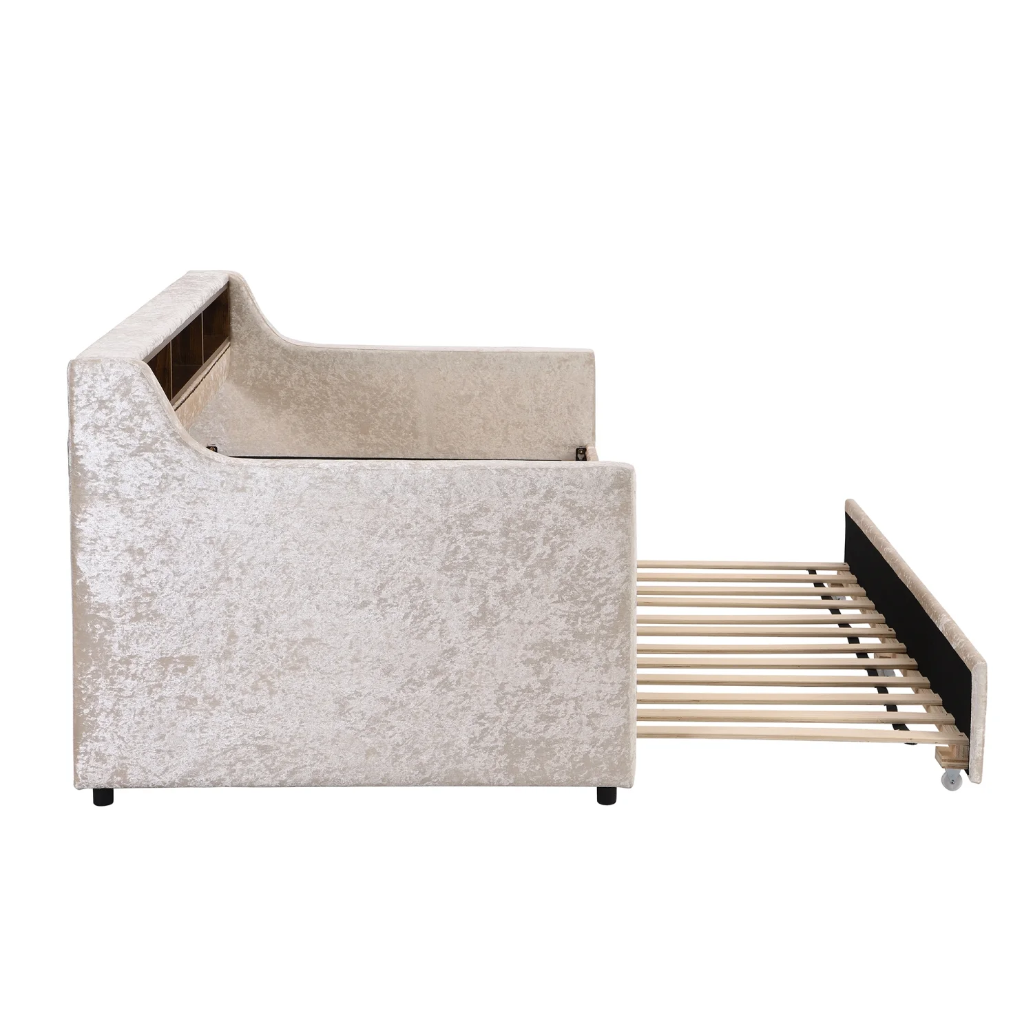Churanty Twin Size Upholstered Daybed with Trundle and Built-in Storage Shelves, Snowflake Velvet Sofa Bed Wood Day Bed Frame for Bedroom Living Room Guest Room, Beige