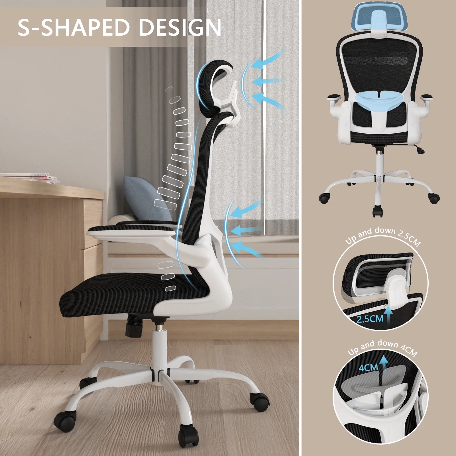 Lioncin High Back Ergonomic Desk Chair Office Chair, Breathable Mesh Desk Chair with Adjustable Lumbar Support and Headrest,White