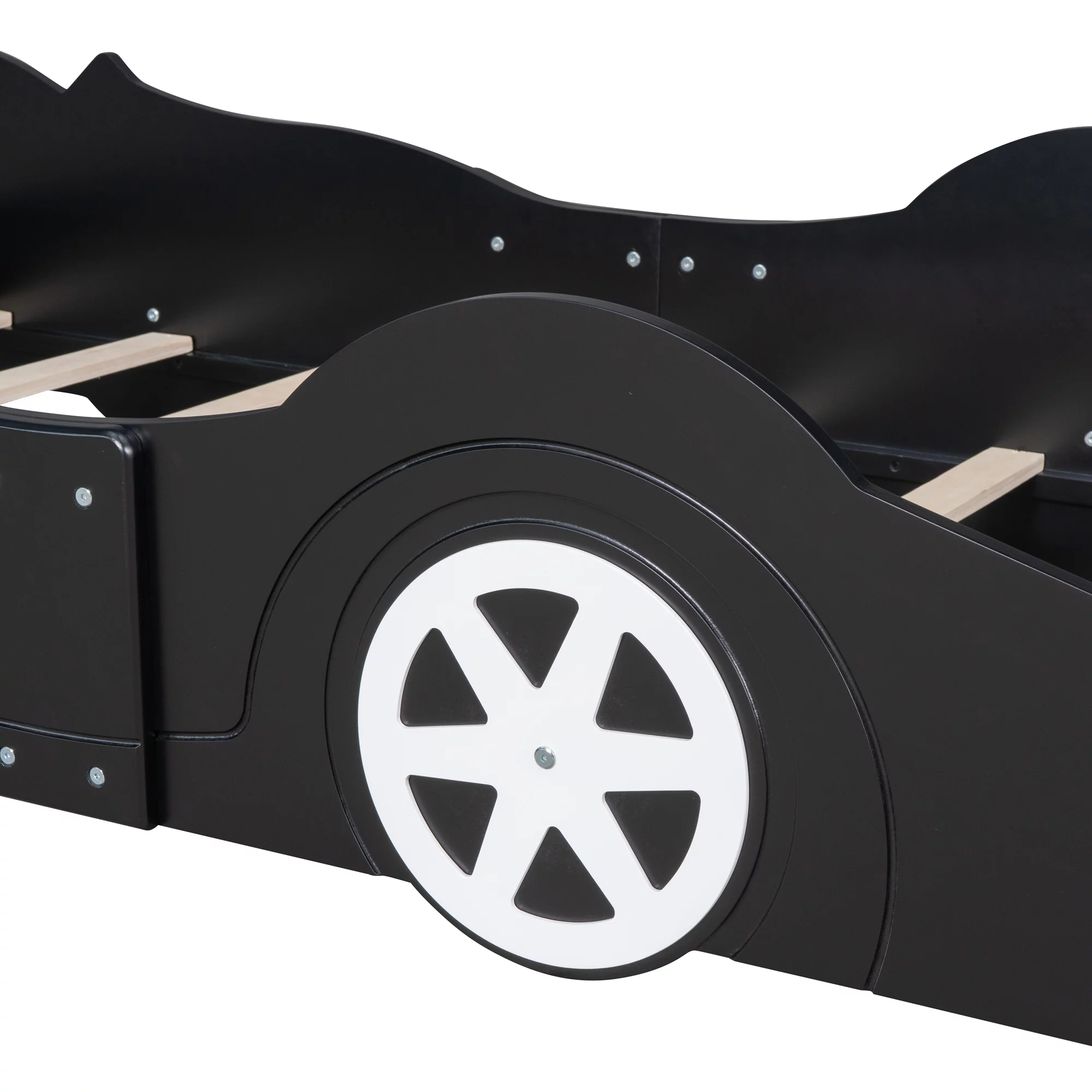HSUNNS Twin Size Kids Race Car-Shaped Platform Bed with Wheels, Wooden Funny Twin Kids Bed Frame with 2 Sides Safety Rails for Boys Girls Toddlers Kids’ Bedroom, No Box Spring Needed, Black