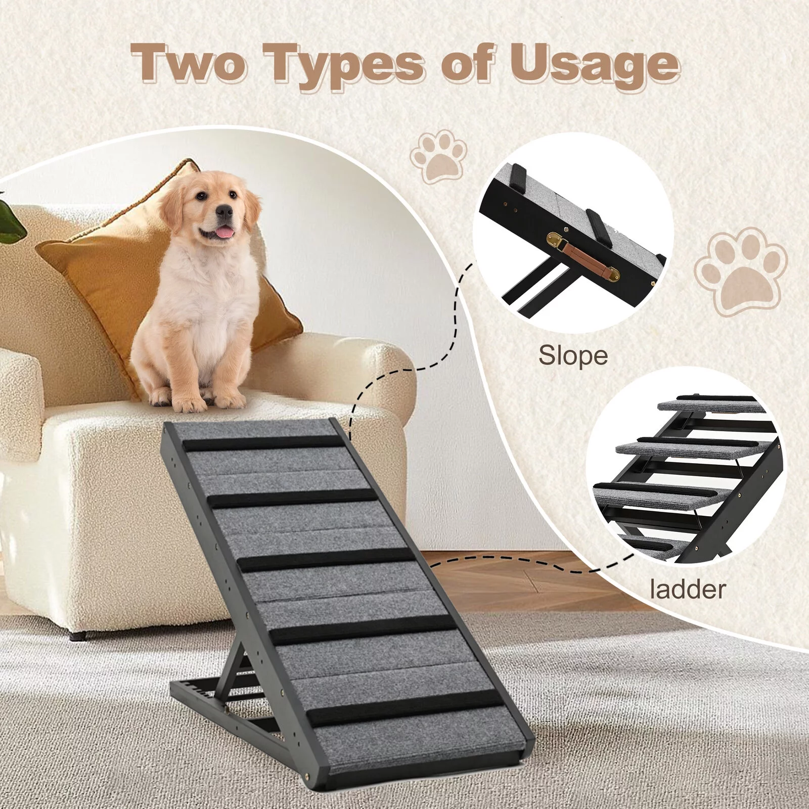 Lilypelle Foldable Pet Ramp , Adjustable Wood Dog Ramp with 5 Heights,Portable Anti-Slip Dog Bed Ramp,200 lbs,Black