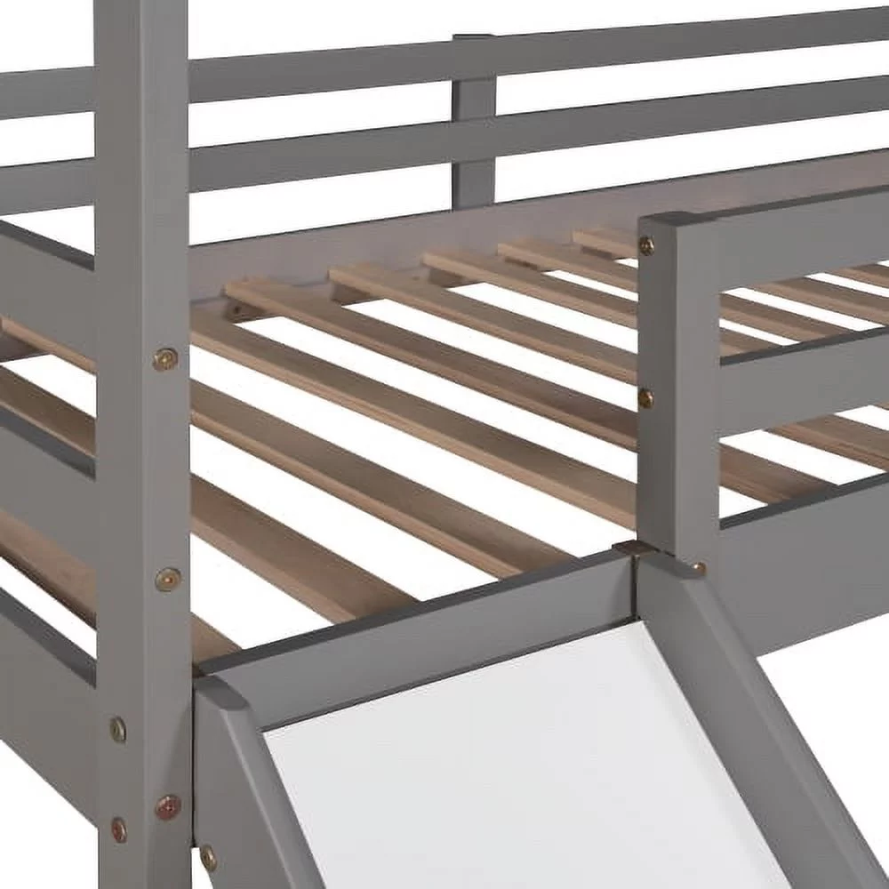 CHURANTY Twin Size Loft Bed with Slide, Wood House Loft Bed Frame , Twin Size Playhouse Loft Bed for Kids Boys Girls, Gray