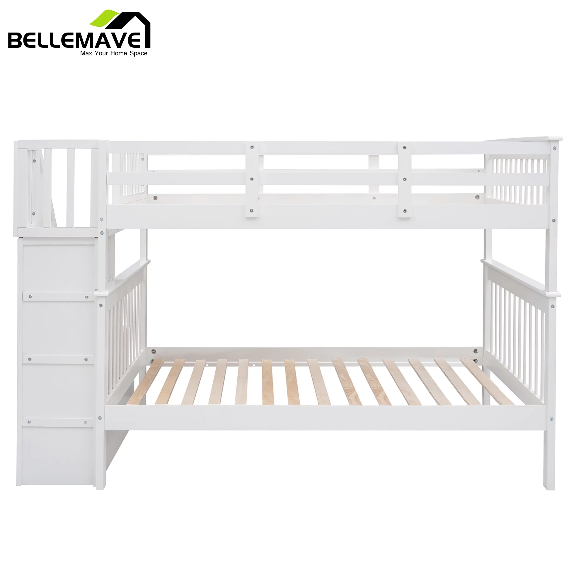 BELLEMAVE Full over Full Bunk Beds for Kids, Kids Bunk Beds with Storage Stairs and Full-Length Guardrail, Convertible Into 2 Bed, No Box Spring Needed(White)