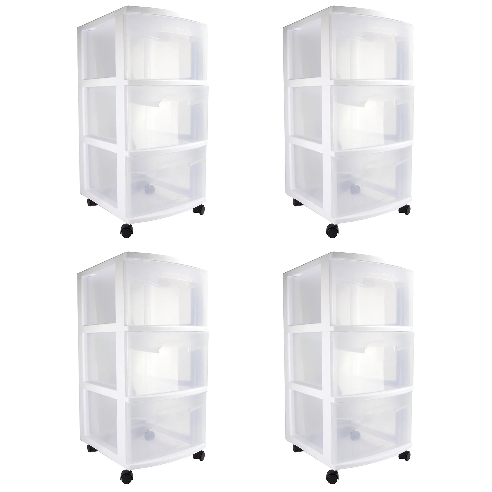 Sterilite 3 Drawer Storage Cart, Plastic Rolling Organizer with Wheels, 4 Pack