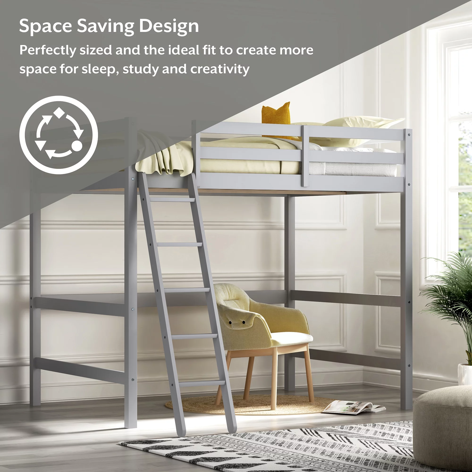 Hillsdale Campbell Wood Full Loft Bunk Bed with Ladder, up to 350 lbs Capacity, Gray