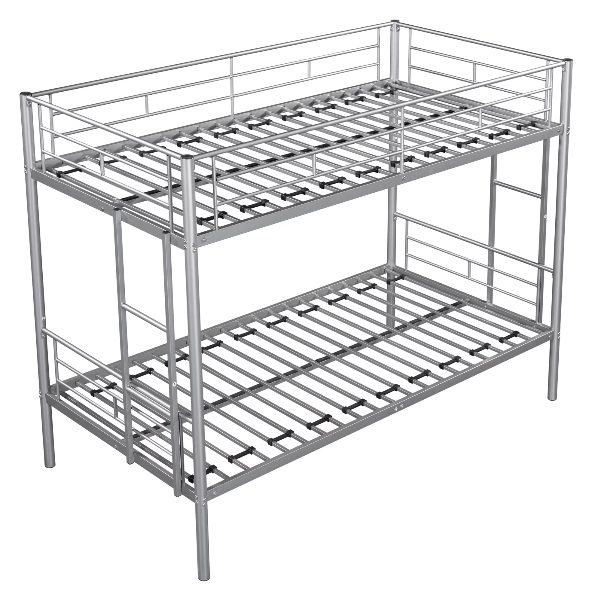 KAMIDA Metal Bunk Bed for Kids, Twin Over Twin Convertible Bunk Bed with Ladder and Safety Fence, Silver