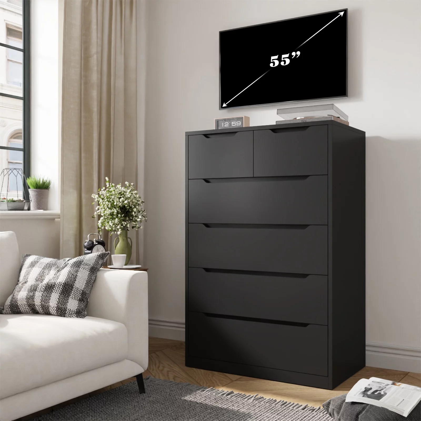 EnHomee Black Tall Dresser Wood 6 Drawer Dressers for Bedroom Wood Chest of Drawers with Smooth Metal Rail Large Dresser Modern Storage Cabinet for Home Office Living Room, 43.3