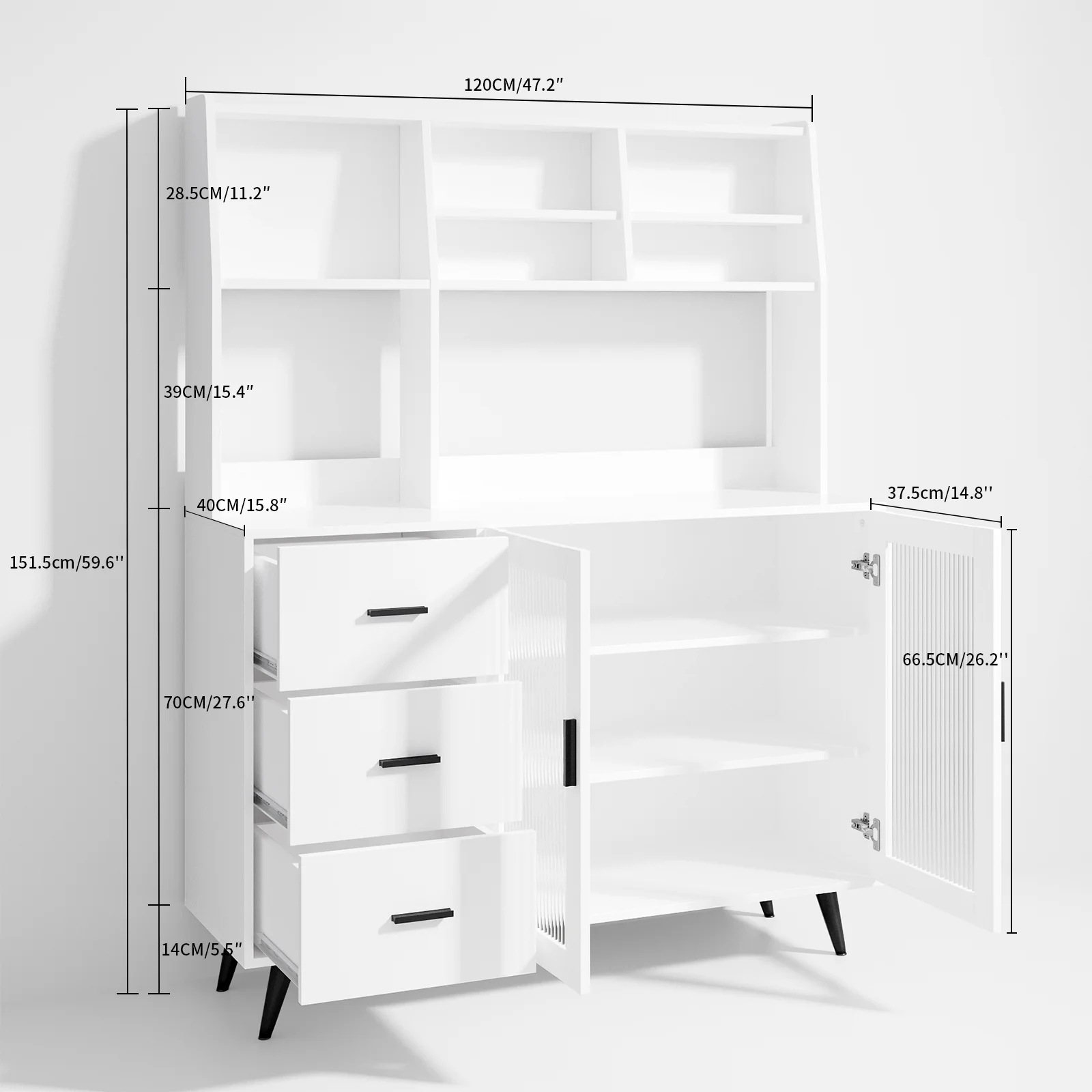RichYa Kitchen Hutch Storage Cabinet, Freestanding Kitchen Pantry with Glass Doors and 3 Drawers for Dinning Room, Living Room, White