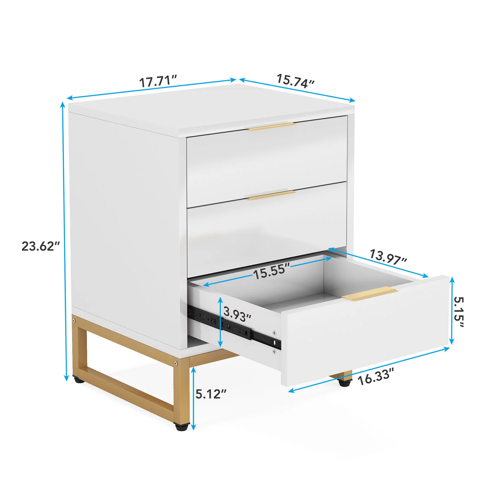 Tribesigns 3 Drawers Nightstand, Living Room White & Gold Side End Table, Bedside Table with Metal Frame