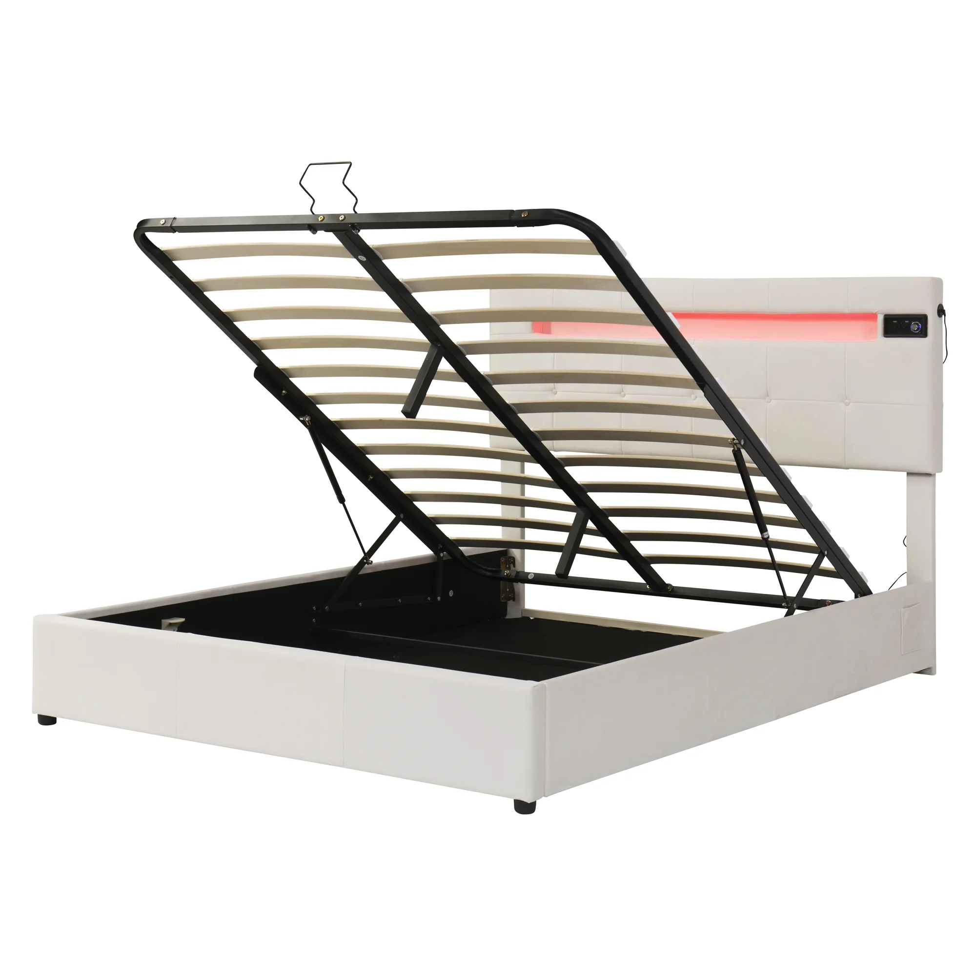 Churanty Full Size Upholstered Bed with LED Light and Integrated Bluetooth Audio System, Modern Platform Bed with Hydraulic Storage System and USB Port, Velvet , Beige