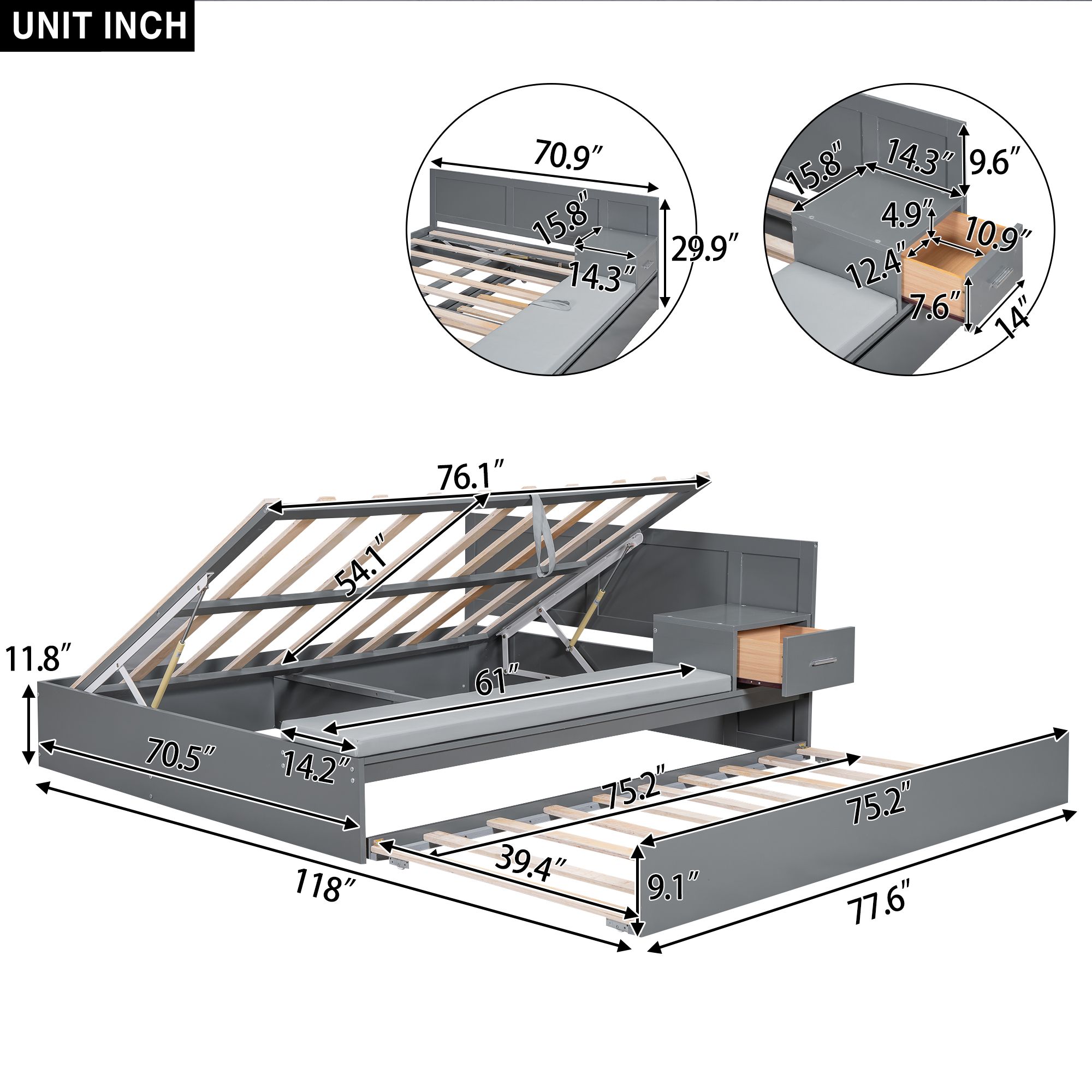 Full Size Solid Storage Hydraulic Wood Bed Frame with Twin Size Trundle, Side Table and Lounge, Platform Bed Frame, Mid Century Bedframe, Wood Foundation(Gray, Full)