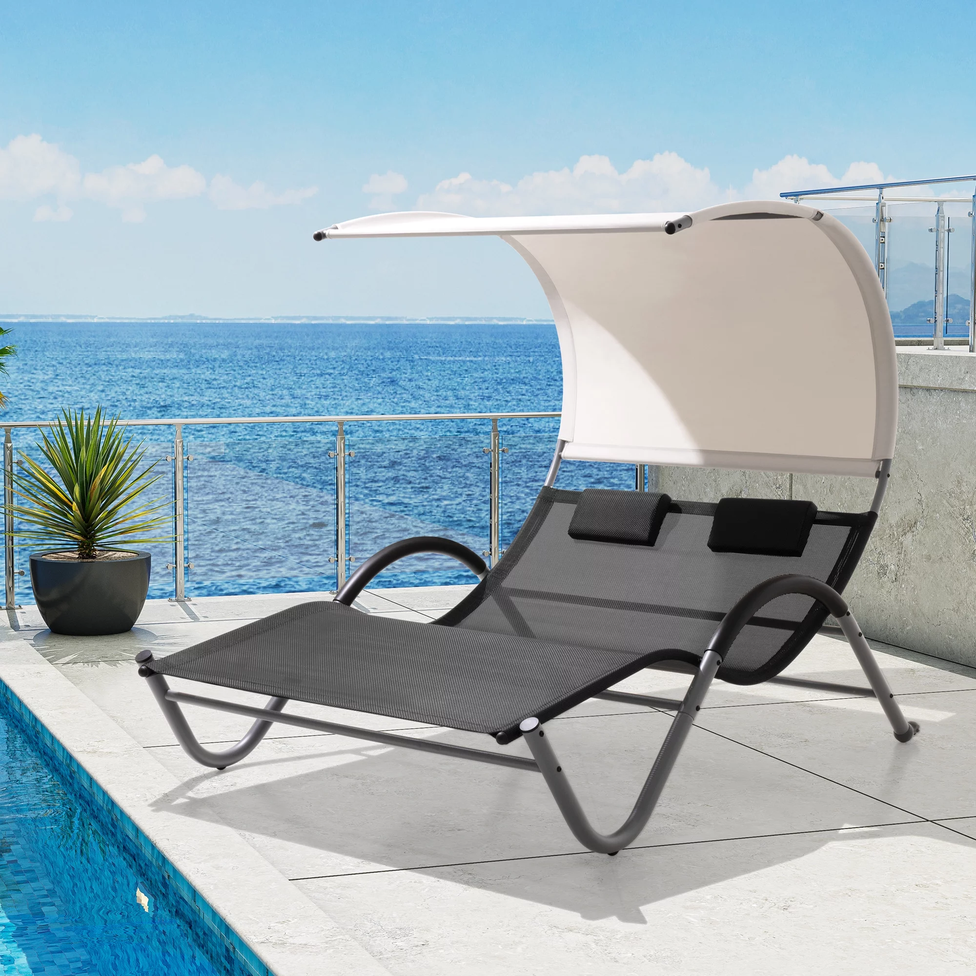 Pellebant Outdoor Double Chaise Lounge with Shade Patio Metal Rocking Chair in Gray