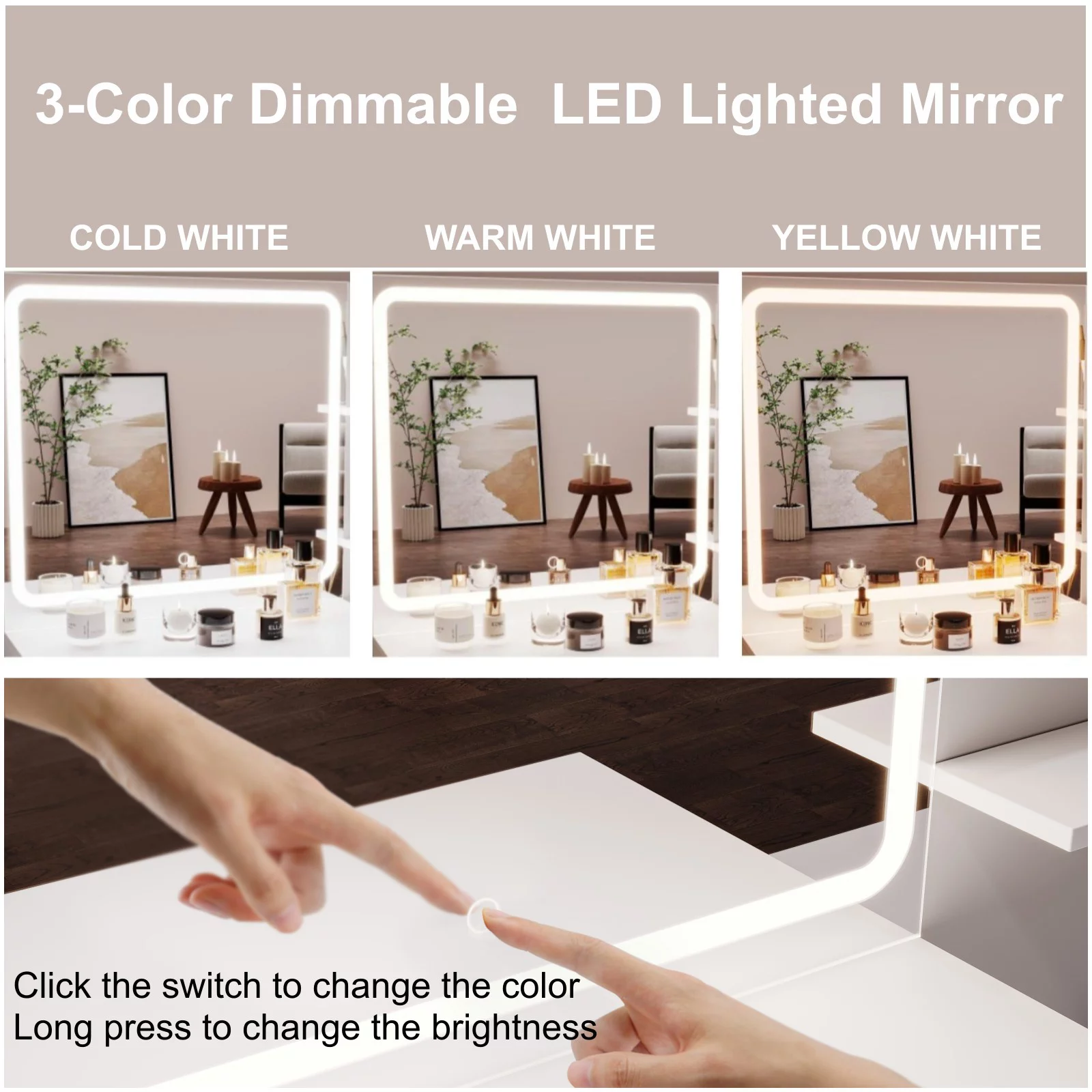 Rovaurx Makeup Vanity Table with Lights and Mirror, Storage Shelf & 4 Drawers, Dressing Desk, White