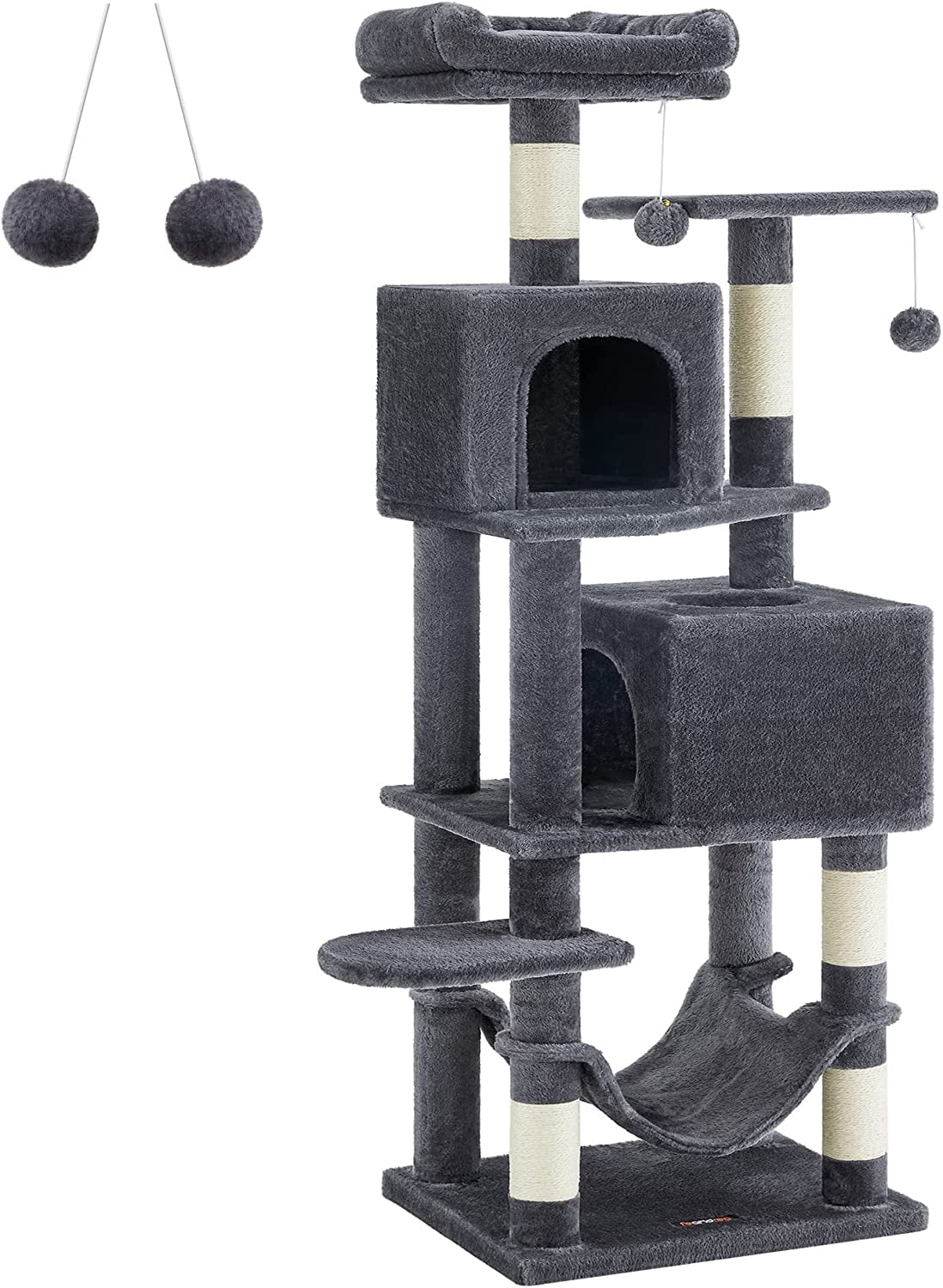 Feandrea Cat Tree, 61-Inch Cat Tower for Indoor Cats, Plush Multi-Level Cat Condo with 5 Scratching Posts, 2 Perches, 2 Caves, Hammock, 2 Pompoms, Light Gray UPCT192W01