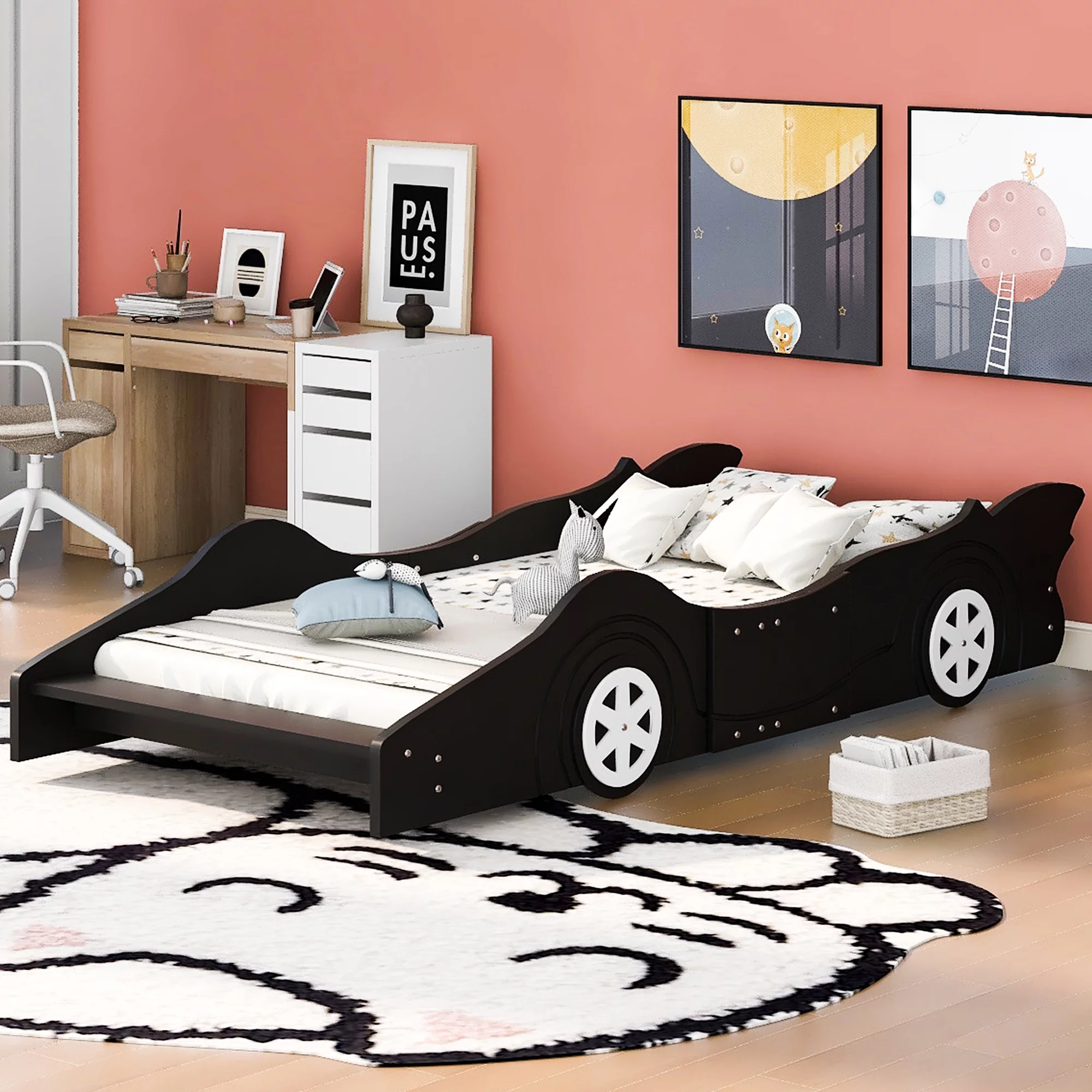 HSUNNS Twin Size Kids Race Car-Shaped Platform Bed with Wheels, Wooden Funny Twin Kids Bed Frame with 2 Sides Safety Rails for Boys Girls Toddlers Kids’ Bedroom, No Box Spring Needed, Black
