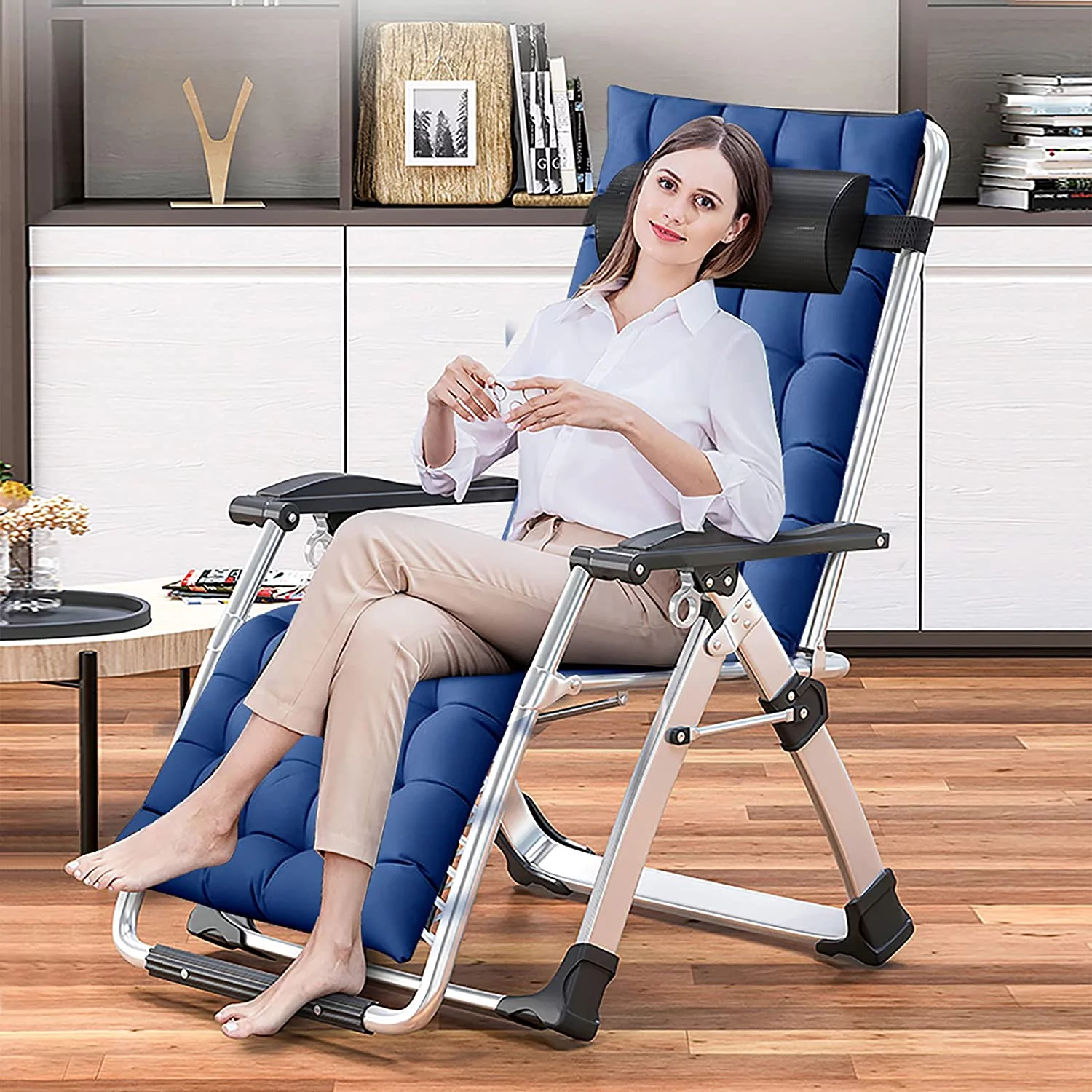 Slsy Zero Gravity Chair with with 2 Sided Cushion & Headrest, Lawn Recliner, Reclining Patio Lounger Chair, Folding Portable Chaise with Cup Holder