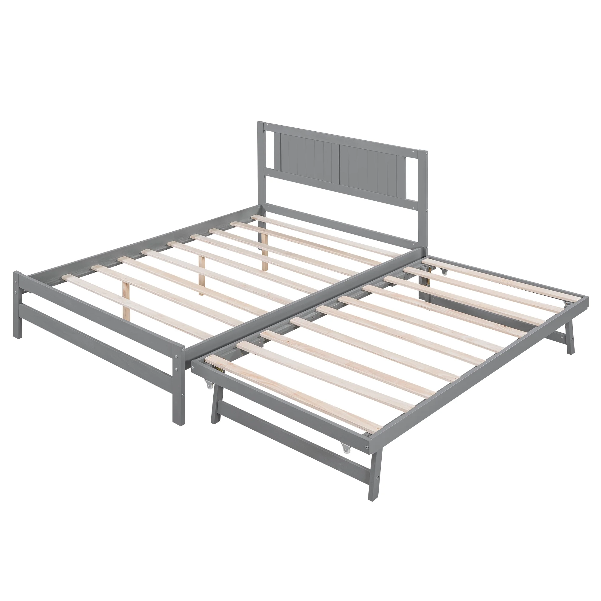 Euroco Wood Full Size Platform Bed with Trundle Frame Set, Wooden Bed Frame with Convertible Trundle Bed for Kids Teens Adulst, Gray